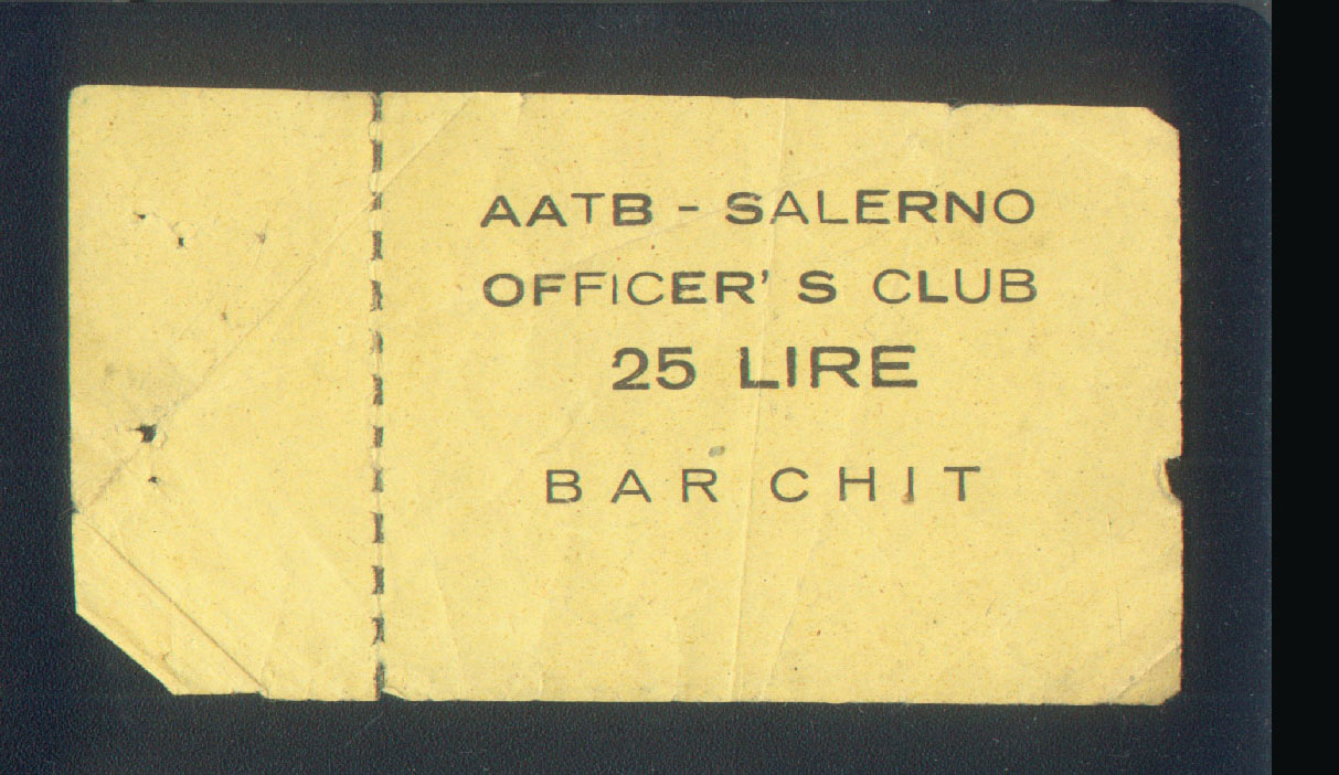 ADVANCED AMPHIBIOUS TRAINING BASE SALERNO ITALY OFFICER'S CLUB 25 LIRE BAR CHIT with STUB