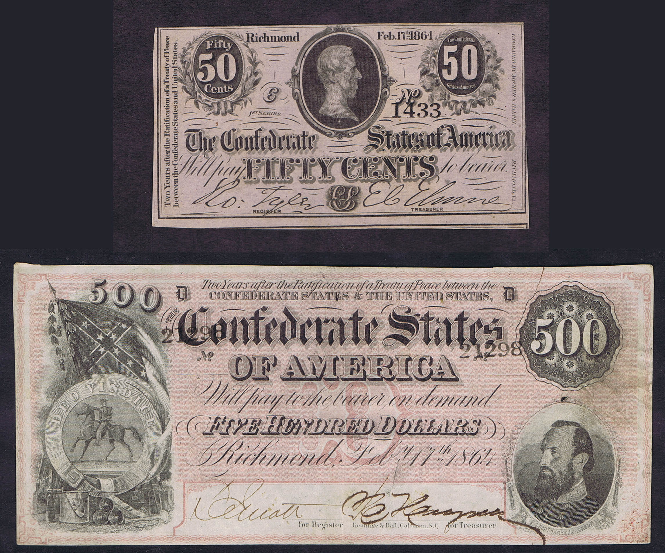COMPLETE 1864 CONFEDERATE STATES BANKNOTE SET of 9 VALUES (50¢, $1, $2, $5, $10, $20, $50, $100 & $500)