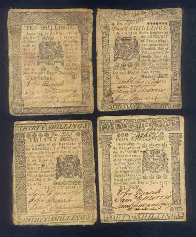 JULY 1775 COMPLETE VALUE SET SIGNED LAMBERT CADWALADER (COLONIAL SOLDIER & CONGRESSMAN of PENNSYLVANIA) - 10, 20, 30 & 40 SHILLINGS
