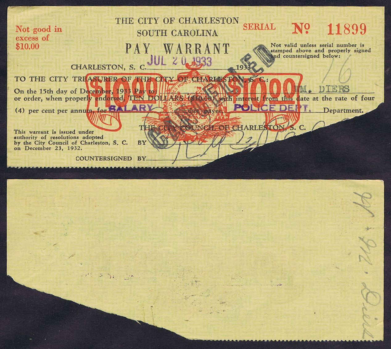 CHARLESTON S.C., SLASH CANCELLED PAY WARRANT DEPRESSION CHECK of 1933 MADE PAYABLE to the POLICE DEPT