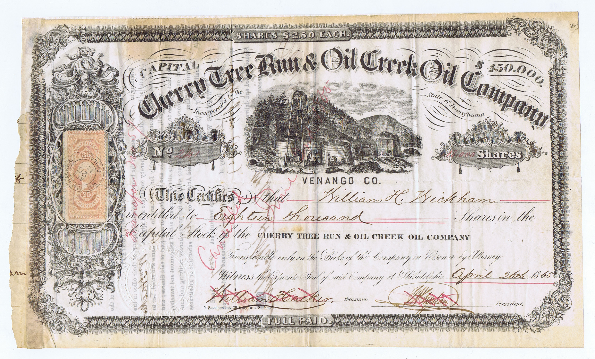 CHERRY TREE RUN & OIL CREEK SIGNED by FUTURE NYC MAYOR WH WICKHAM 18,000 SHARES - 1865