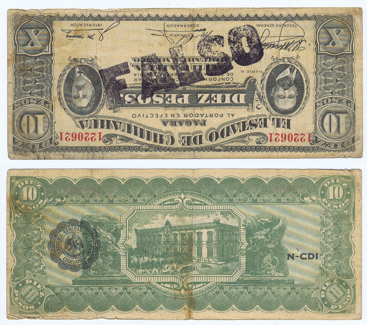 PROVISIONAL MONEY MARKED FALSO ( FAKE ) by COUNTER-REVOLUTIONARIES of CHIHUAHUA DATED 1915