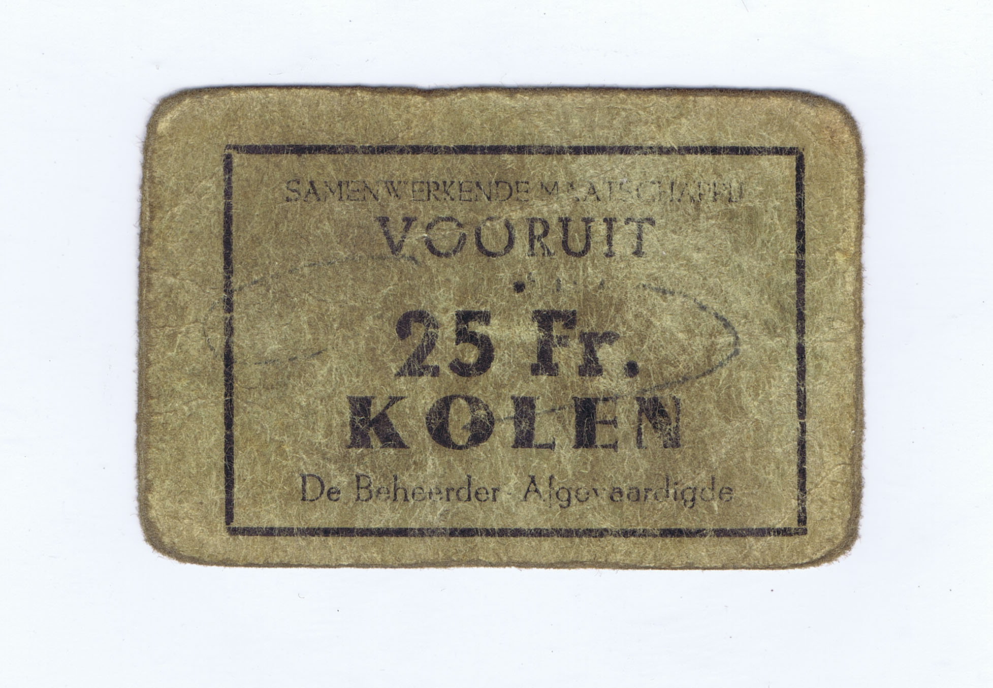 BELGIUM COAL RATION TICKET (in FLEMISH)