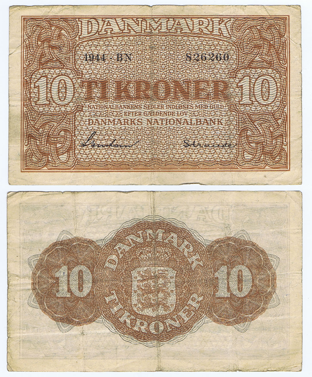NAZI OCCUPATION of DENMARK 1944 TI (TEN) KRONER NOTES of 1944