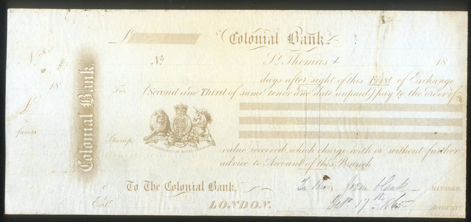 DANISH WEST INDIES US VIRGIN ISL. after 1917 COLONIAL BANK ST. THOMAS DATED 1865