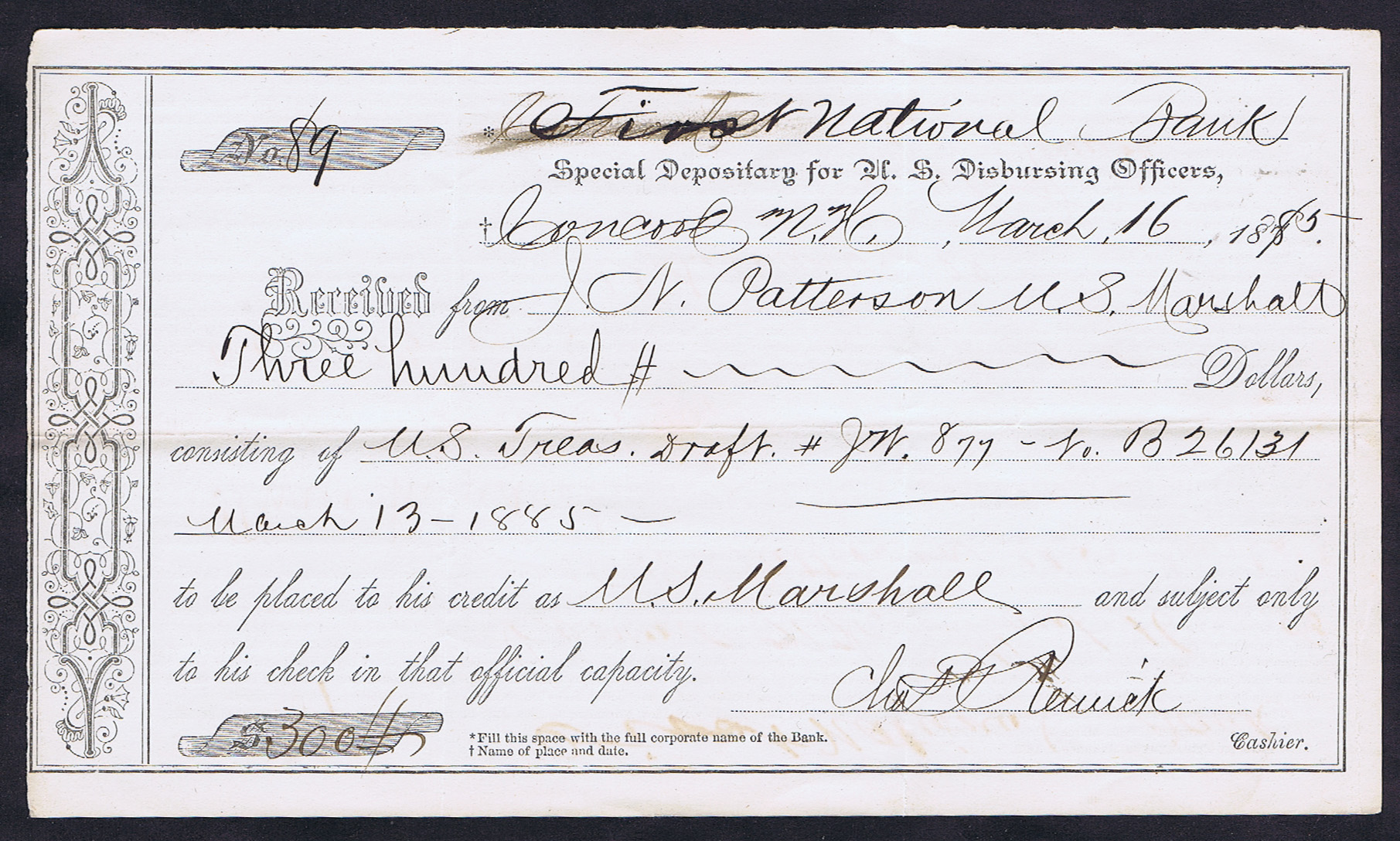 US WAR DEPARTMENT DISBURSEMENT of $300 to MARSHAL PATTERSON 1885, PAYABLE on the FIRST NATIONAL BANK