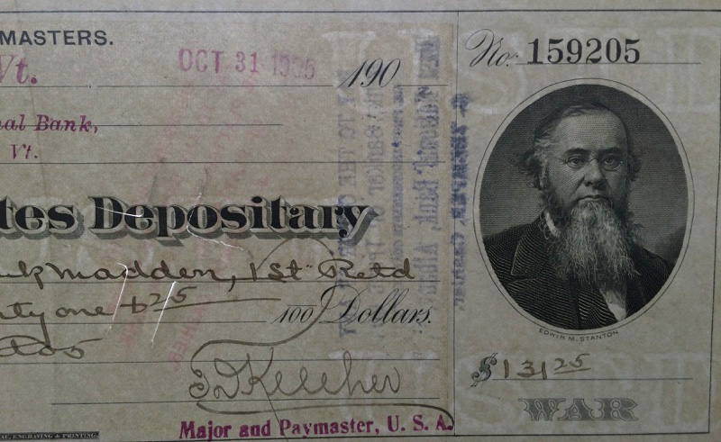 US MILITARY DEPOSITARY CHECK of 1905, HAND SIGNED by MAJOR & PAYMASTER, J.K. KELEHER