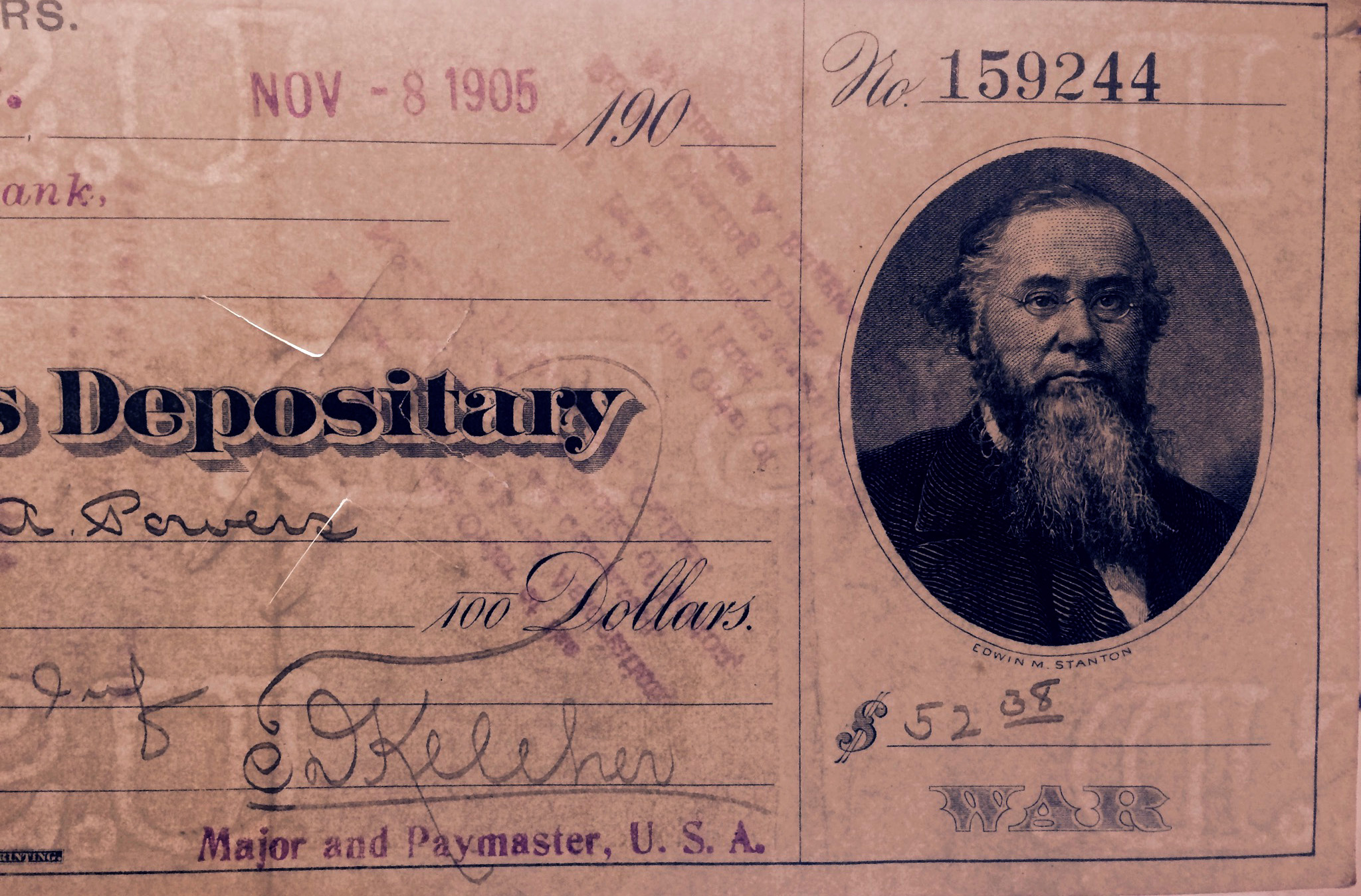 US MILITARY DEPOSITARY CHECK of 1905, HAND SIGNED with REVERSE WATERMARKED WORDING