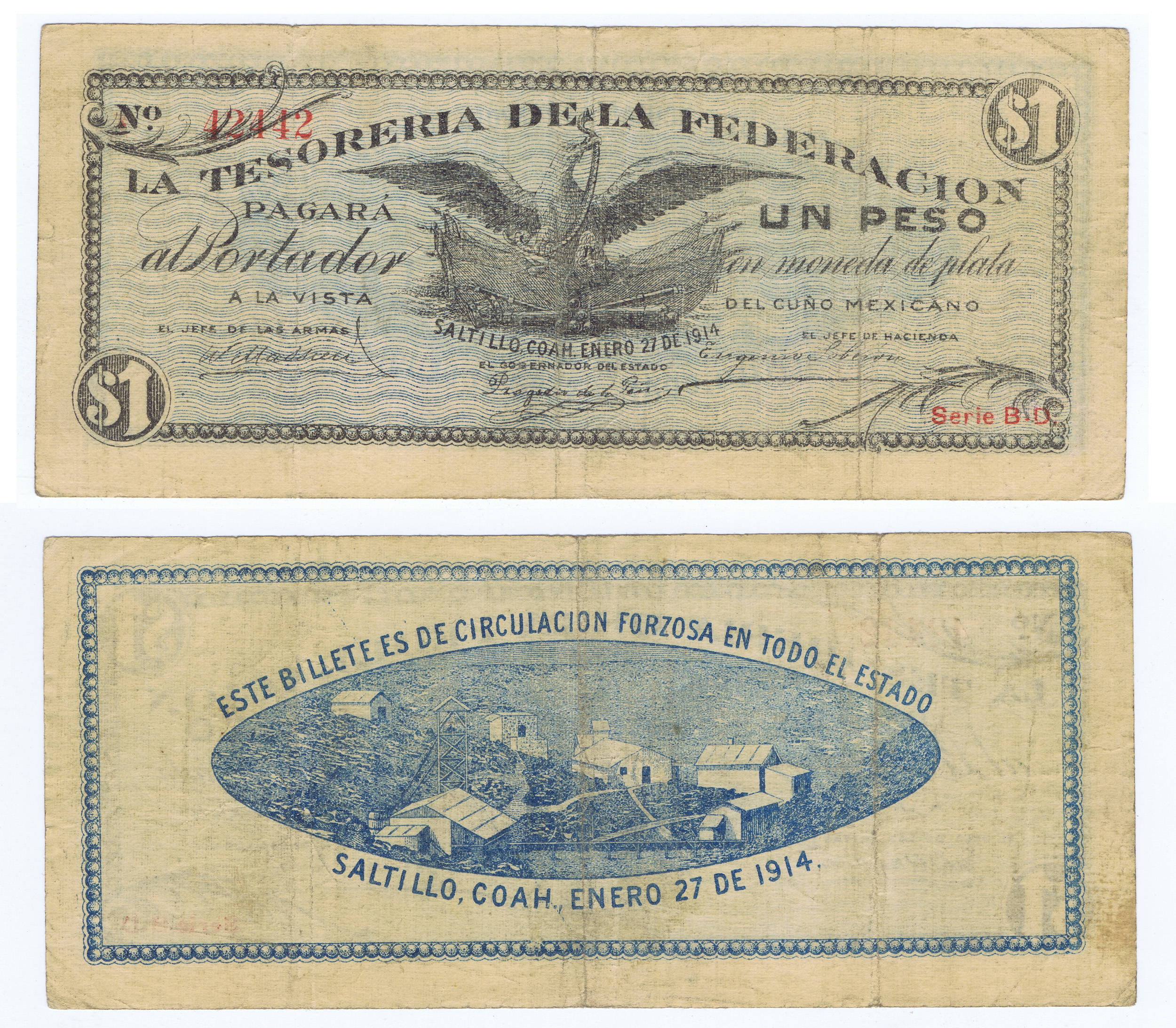SALTILLO COAHUILA, $1 NOTE DATE JANUARY 27, 1914