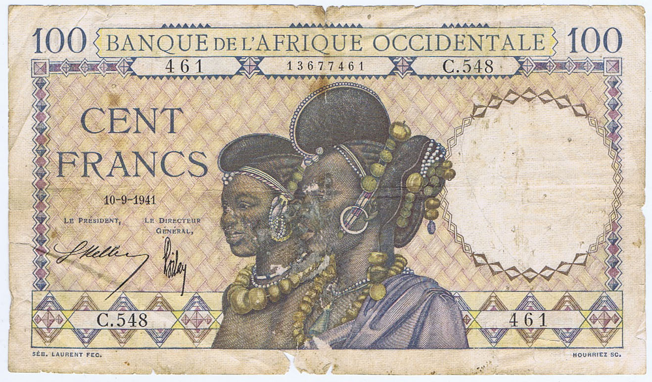 FRENCH WEST AFRICA 100 FRANCS WORLD WAR II DATED 10-9-1941 - BANQUE de L'AFRIQUE OCCIDENTALE