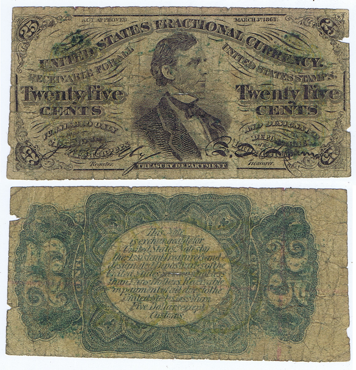 ABRAHAM LINCOLN'S ANTI SLAVERY TREASURY SECRETARY, WILLIAM FESSENDEN on 1863 FRACTIONAL 25¢ NOTE