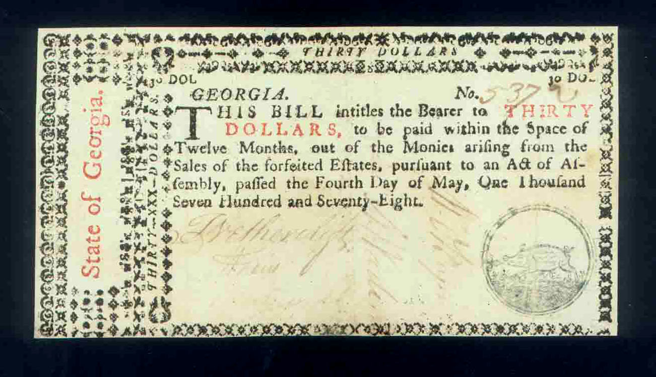 GEORGIA NOTE 1778 COLLATERAL = FORFEITED TORY ESTATES