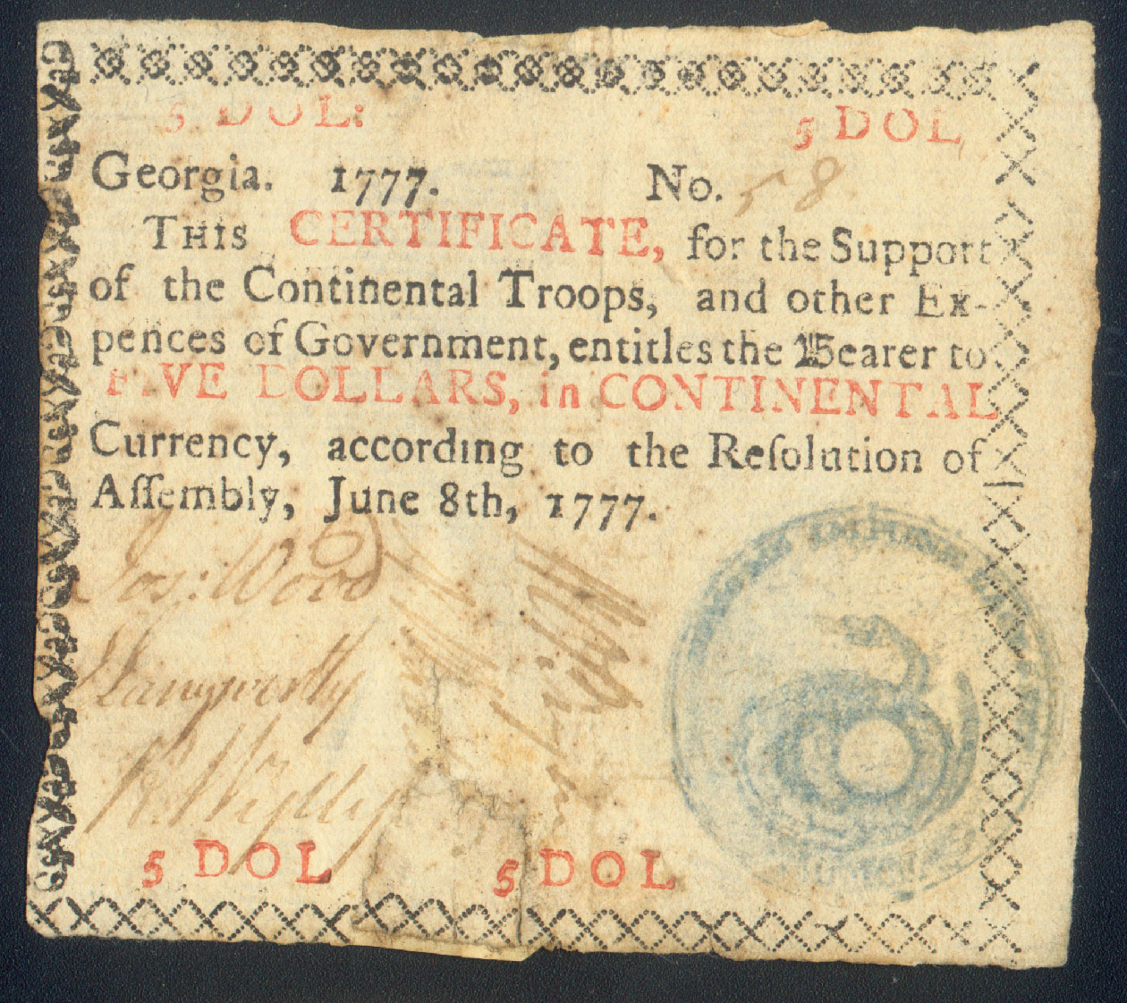 $5 GEORGIA 1777 LOW # 58 CONTINENTAL TROOPS ARTICLES of CONFEDERATION LANGWORTHY