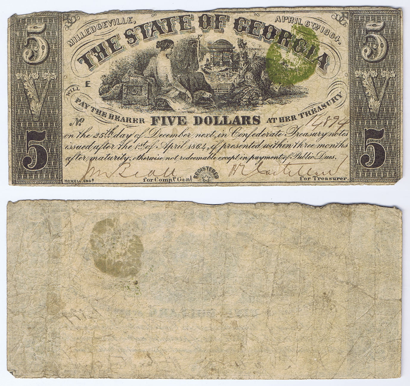 GEORGIA STATE CAPITAL MILLEDGEVILLE ISSUED $5 of 1864 CIVIL WAR NOTE