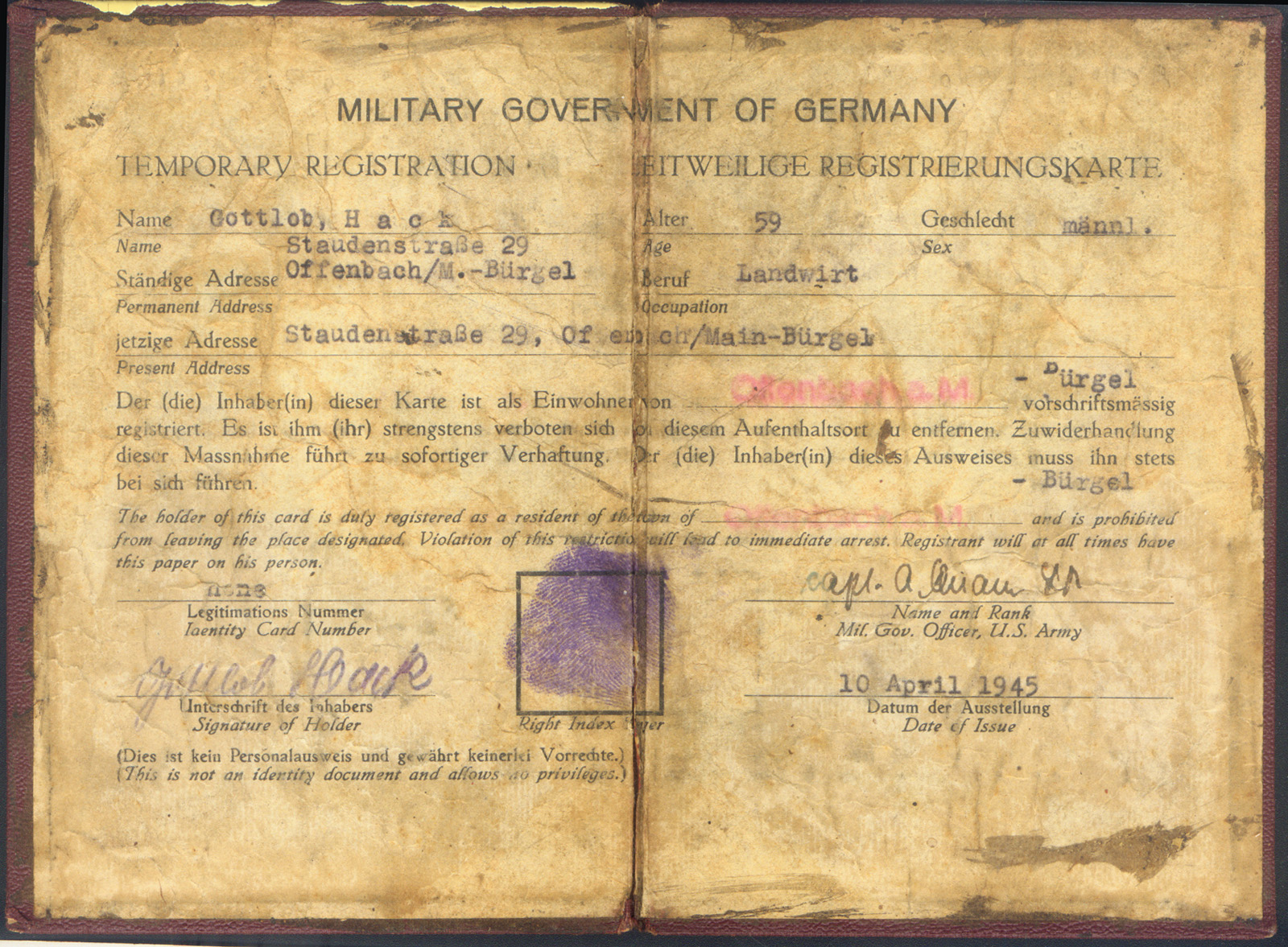 MILITARY GOVERNMENT of GERMANY - AMERICAN ZONE PASS