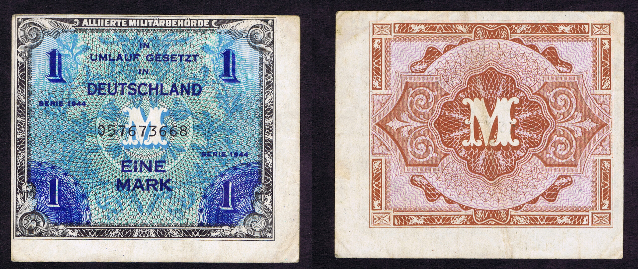 ALLIED MILITARY CURRENCY of GERMANY EINE MARK (PRINTED in the USA by FORBES) MISCUT ERROR