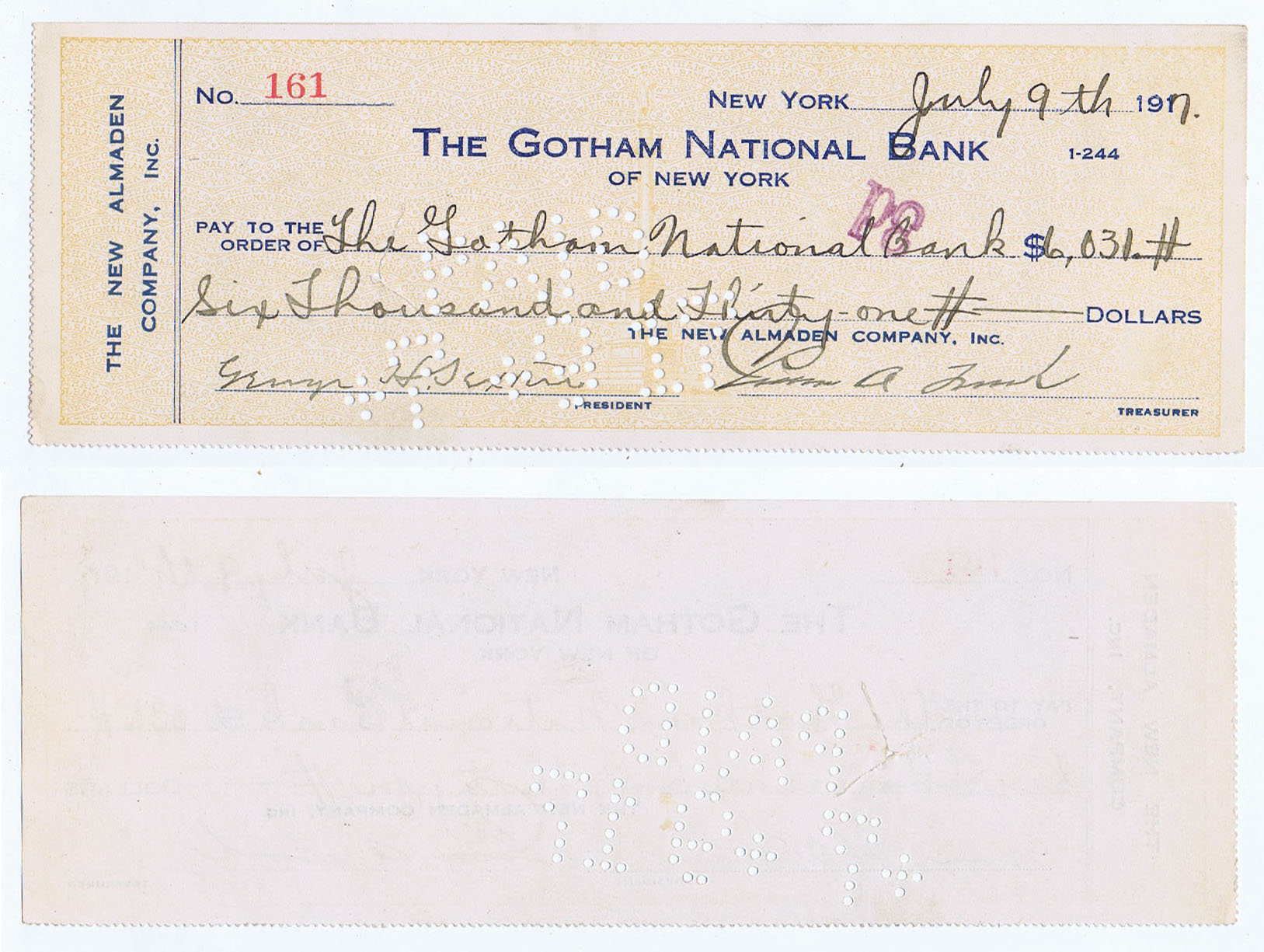 GOTHAM NATIONAL BANK of NEW YORK WORLD WAR I ERA (1917) CHECK PUNCHED PAID