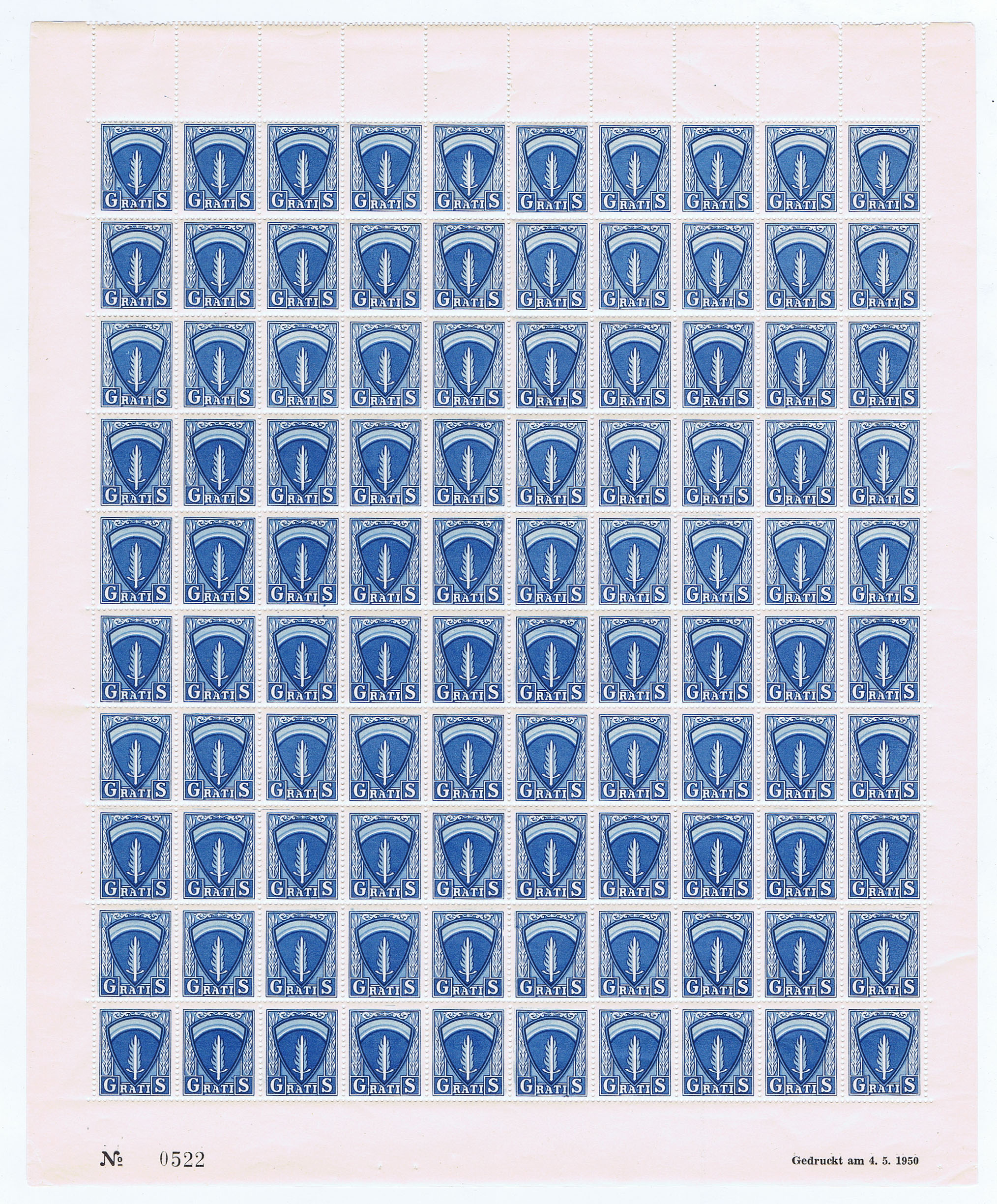 COMPLETE SHEET of 100 ALLIED COMMAND ISSUED DOCUMENTARY STAMPS