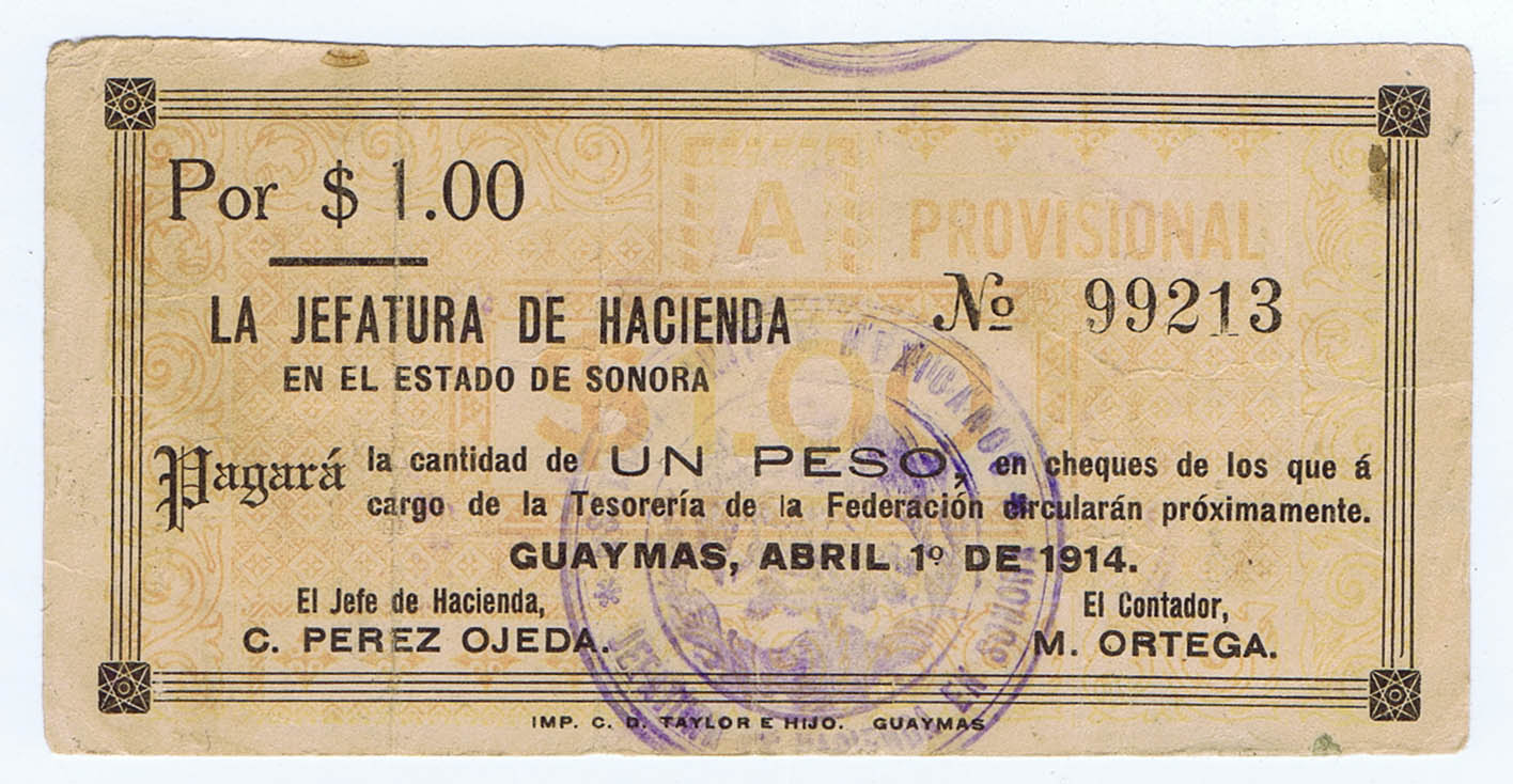 MEXICO REVOLUTION APRIL 1 of 1914 GUAYMAS PROVISIONAL 1 PESO NOTE SONORA