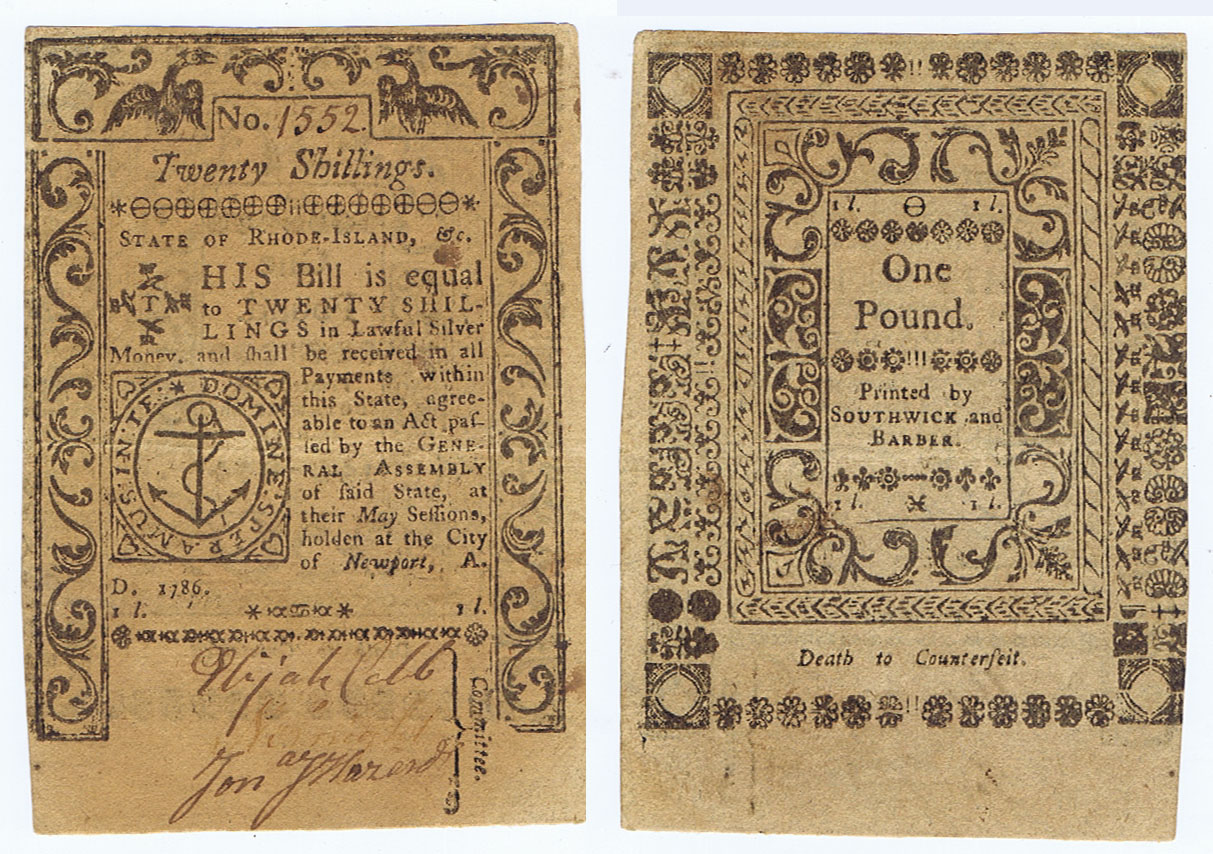 CONTINENTAL CONGRESS MEMBER J.J. HAZARD SIGNED RHODE ISLAND 29 SHILLINGS of 1786