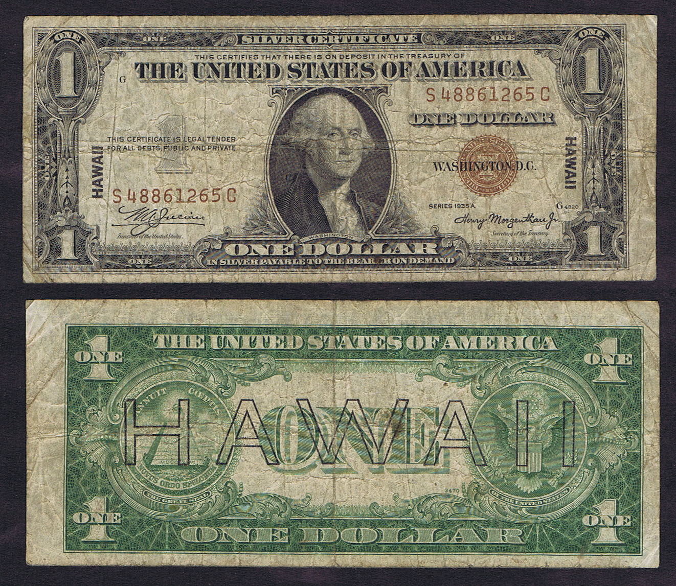 ERROR (MIS-CUT with OVERAGE on BOTH SIDES) on USA $1 BILL OVERPRINTED for WWII USAGE in HAWAII