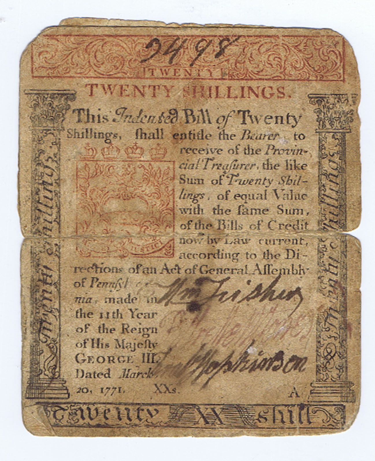 DECLARATION of INDEPENDENCE SIGNER FRANCIS HOPKINSON on 20 SHILLINGS NOTE of 1771 PENNSYLVANIA
