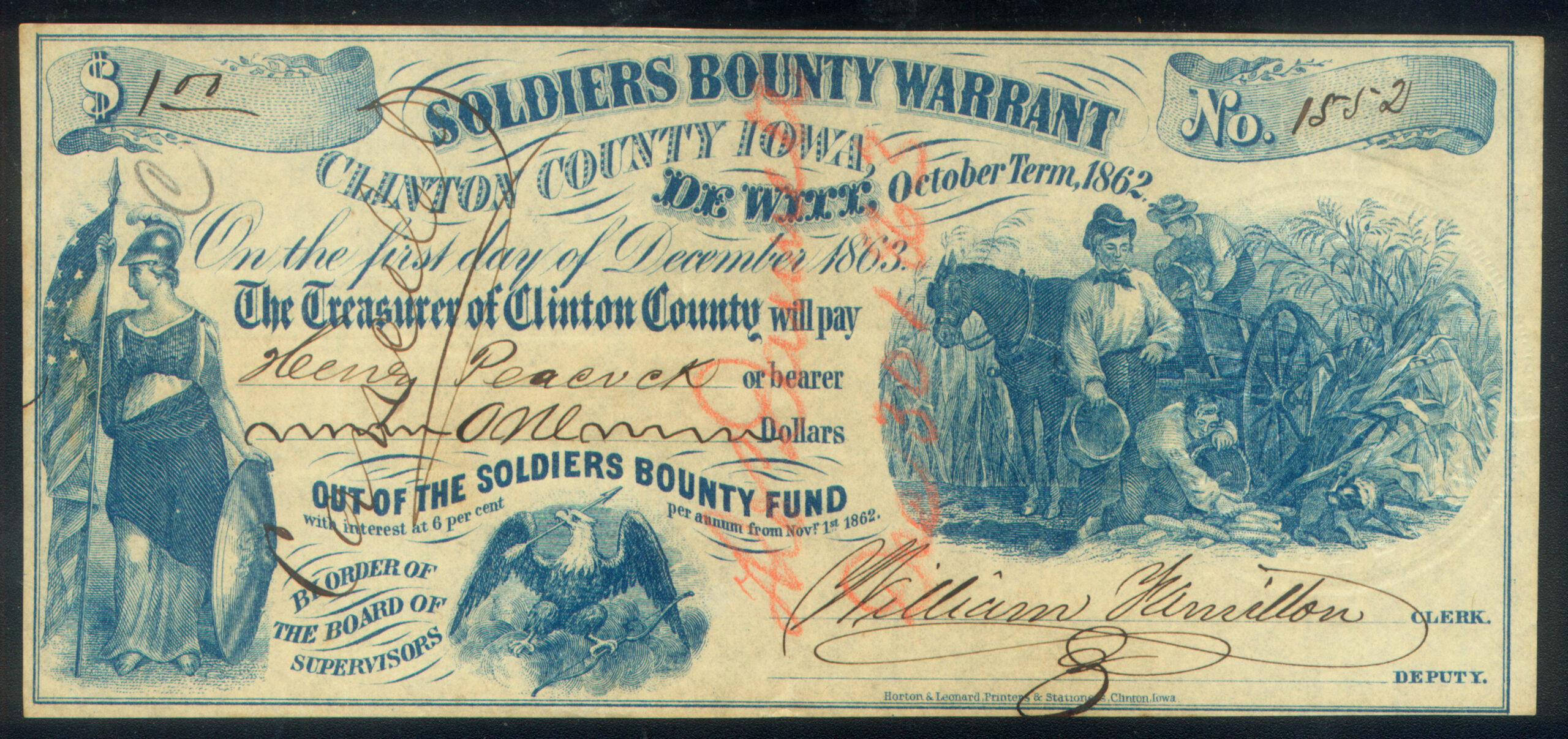 WARRANT for SOLDIERS BOUNTY from CIVIL WAR SERVICE, CLINTON COUNTY IOWA, 1863