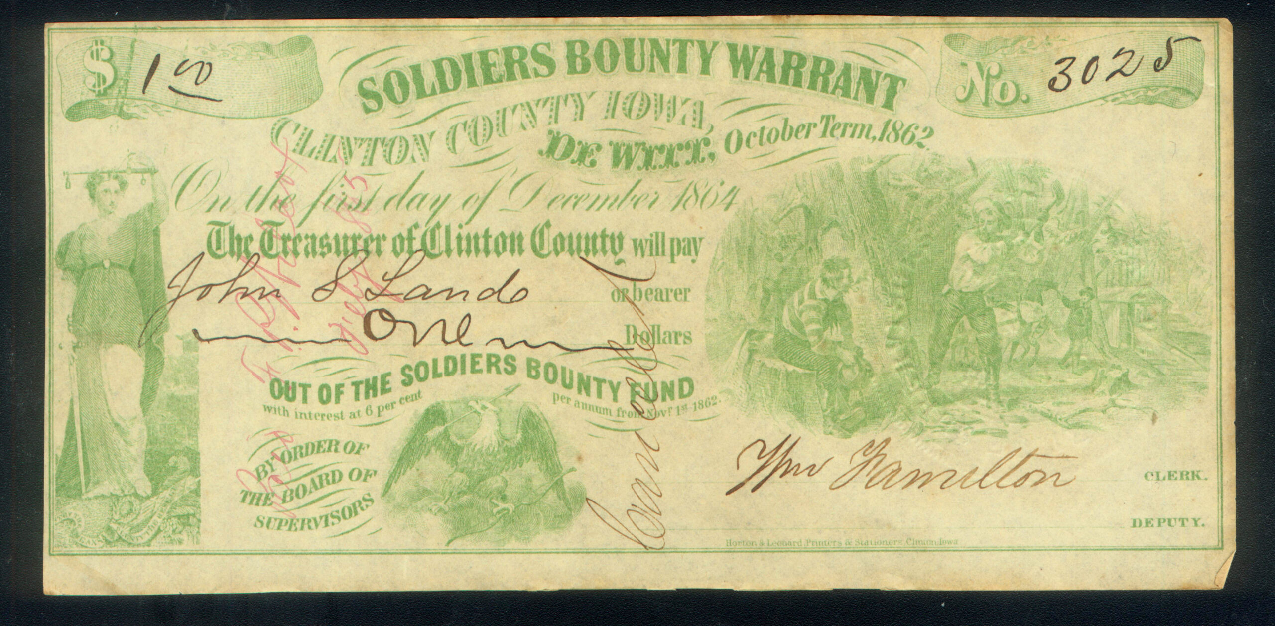 BOUNTY (SOLDIERS) for CIVIL WAR SERVICE, CLINTON COUNTY, IOWA, 1864