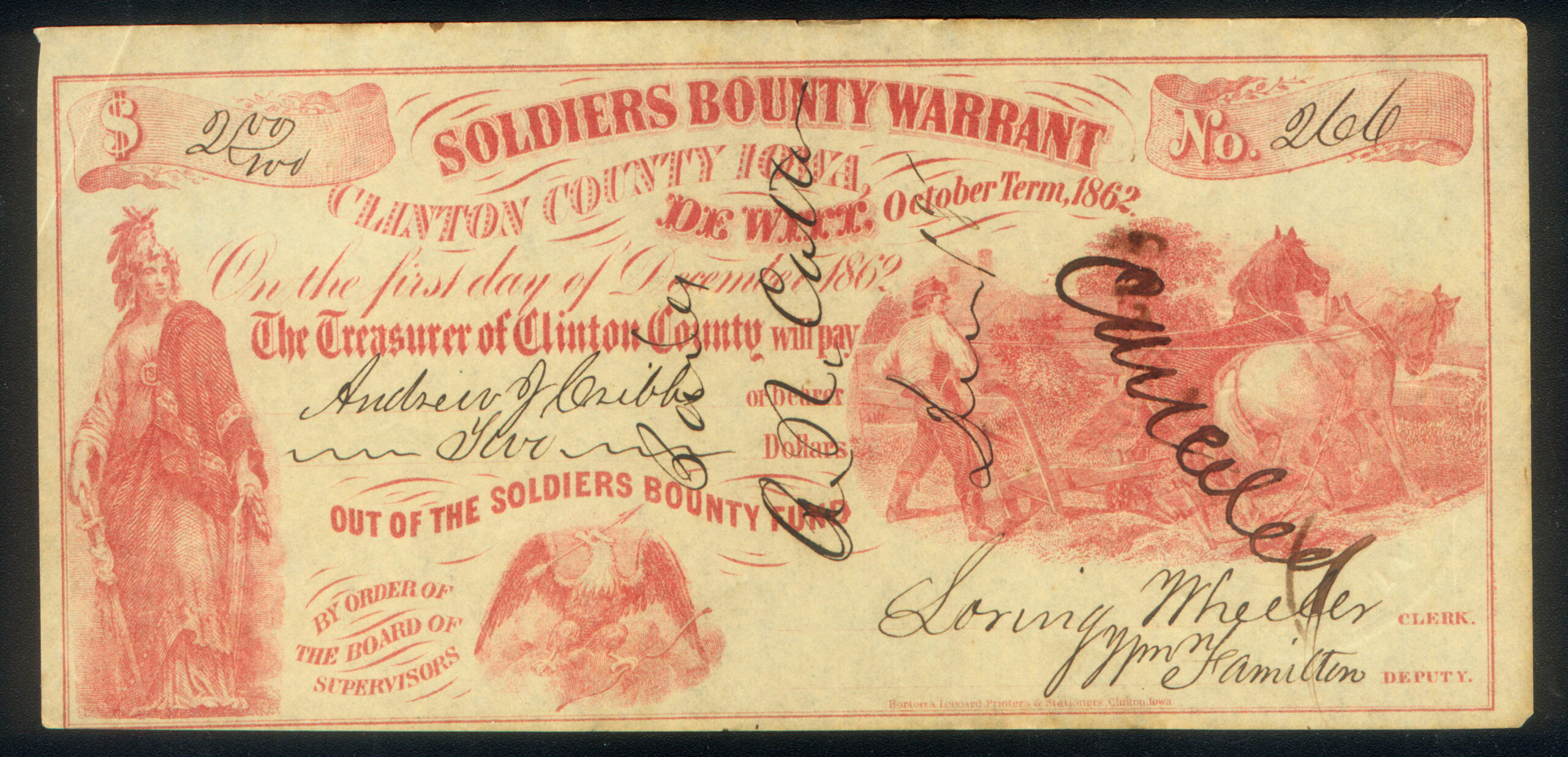 ANDREW J. CRIBBS, 26th IOWA INFANTRY - $2 RED - SOLDIERS BOUNTY WARRANT for CIVIL WAR SERVICE, 1862