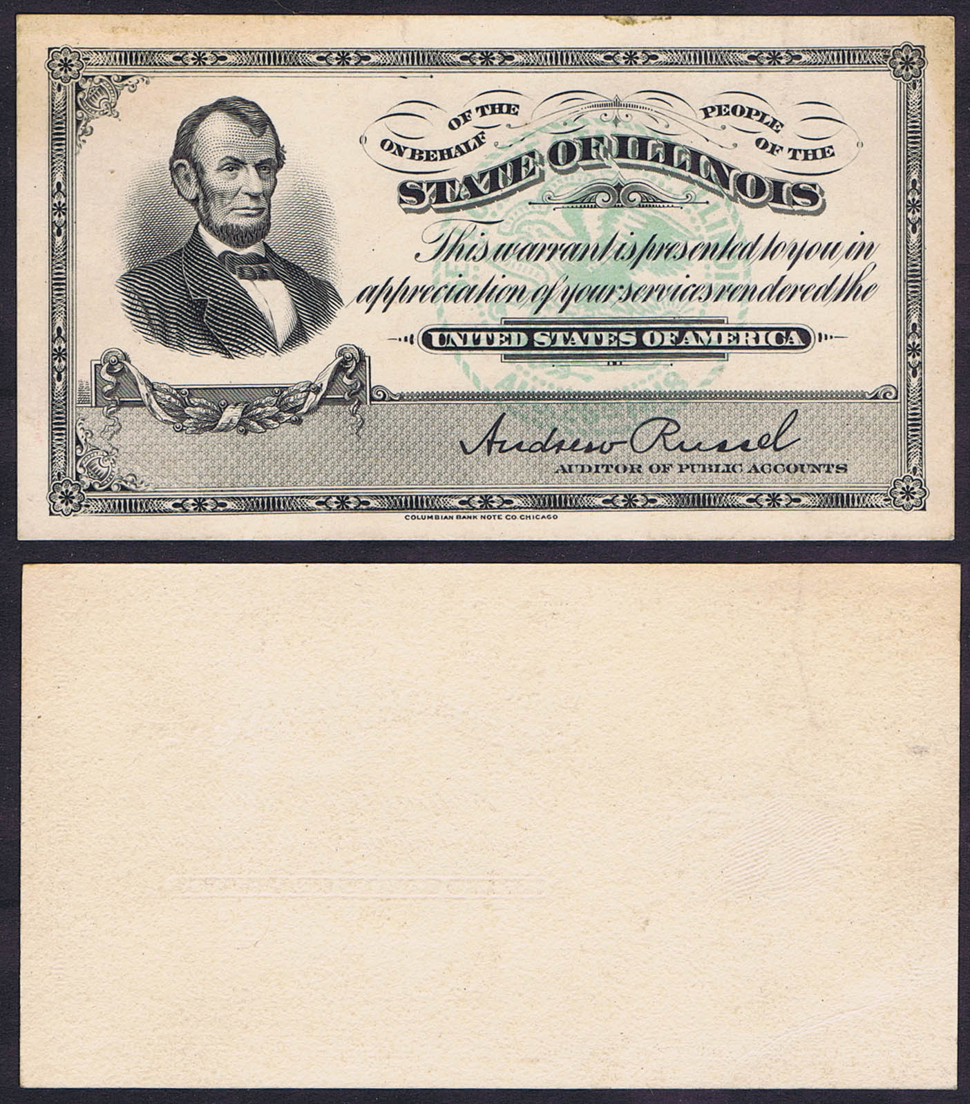 STATE of ILLINOIS WARRANT of APPRECIATION (for MILITARY SERVICE DURING WWI) PRINTED by the COLUMBIAN BANK NOTE COMPANY