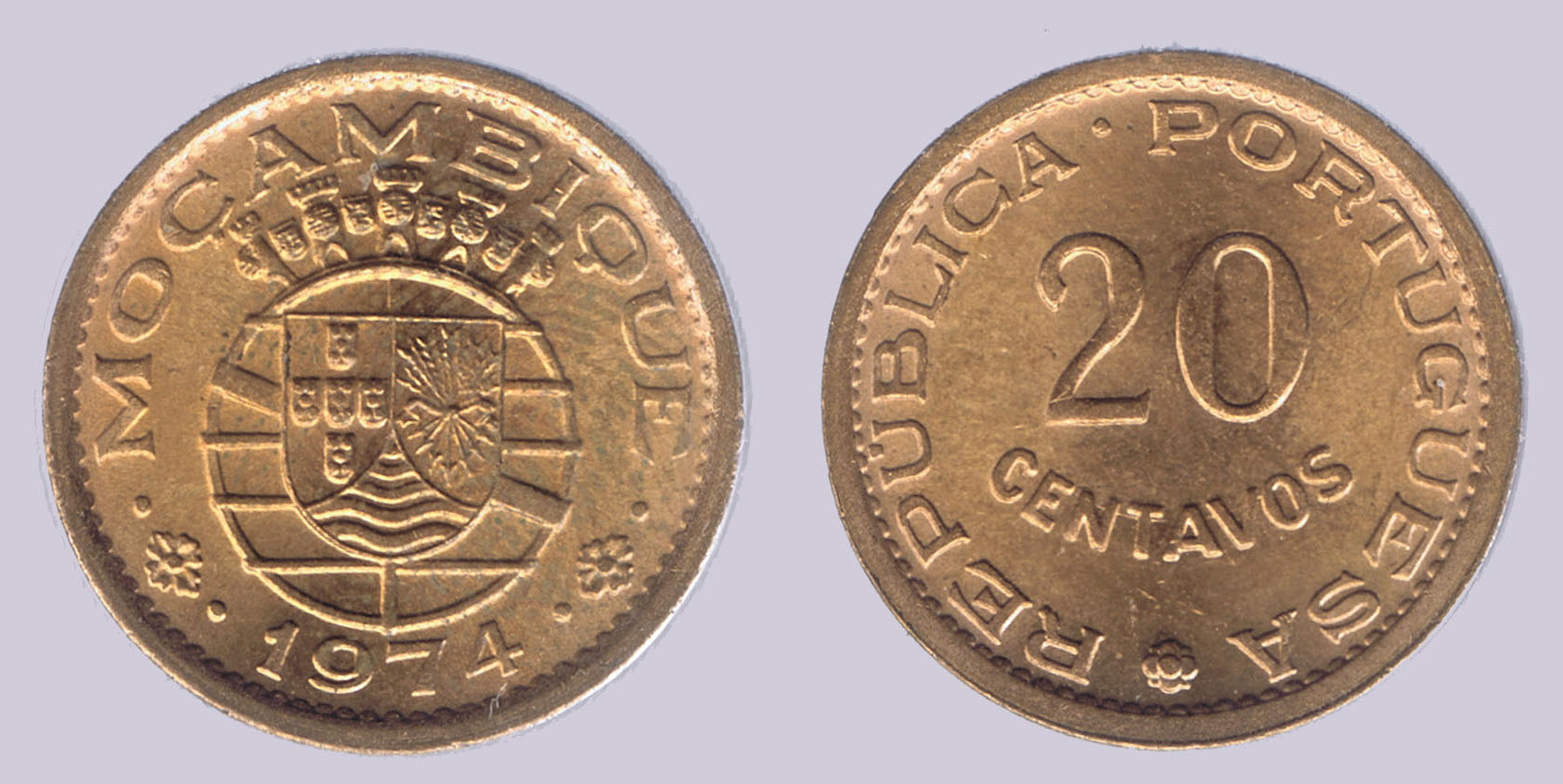 MOZAMBIQUE - END of the WAR of INDEPENDENCE ( from PORTUGAL ) 20 CENTAVOS COIN