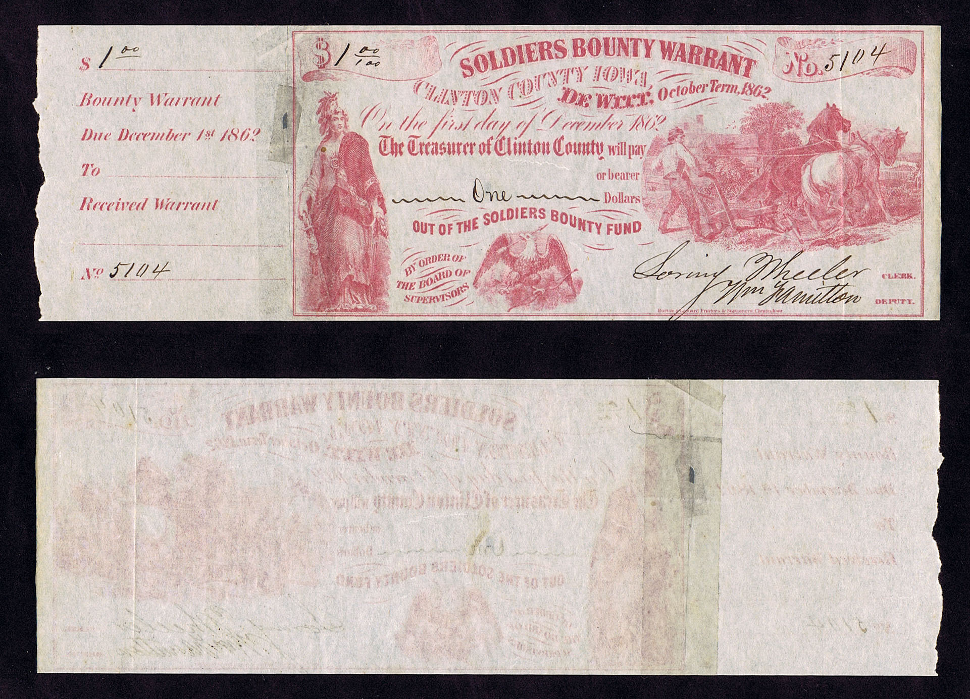 $1 RED – SOLDIERS BOUNTY WARRANT for CIVIL WAR SERVICE, 1862 with STUB