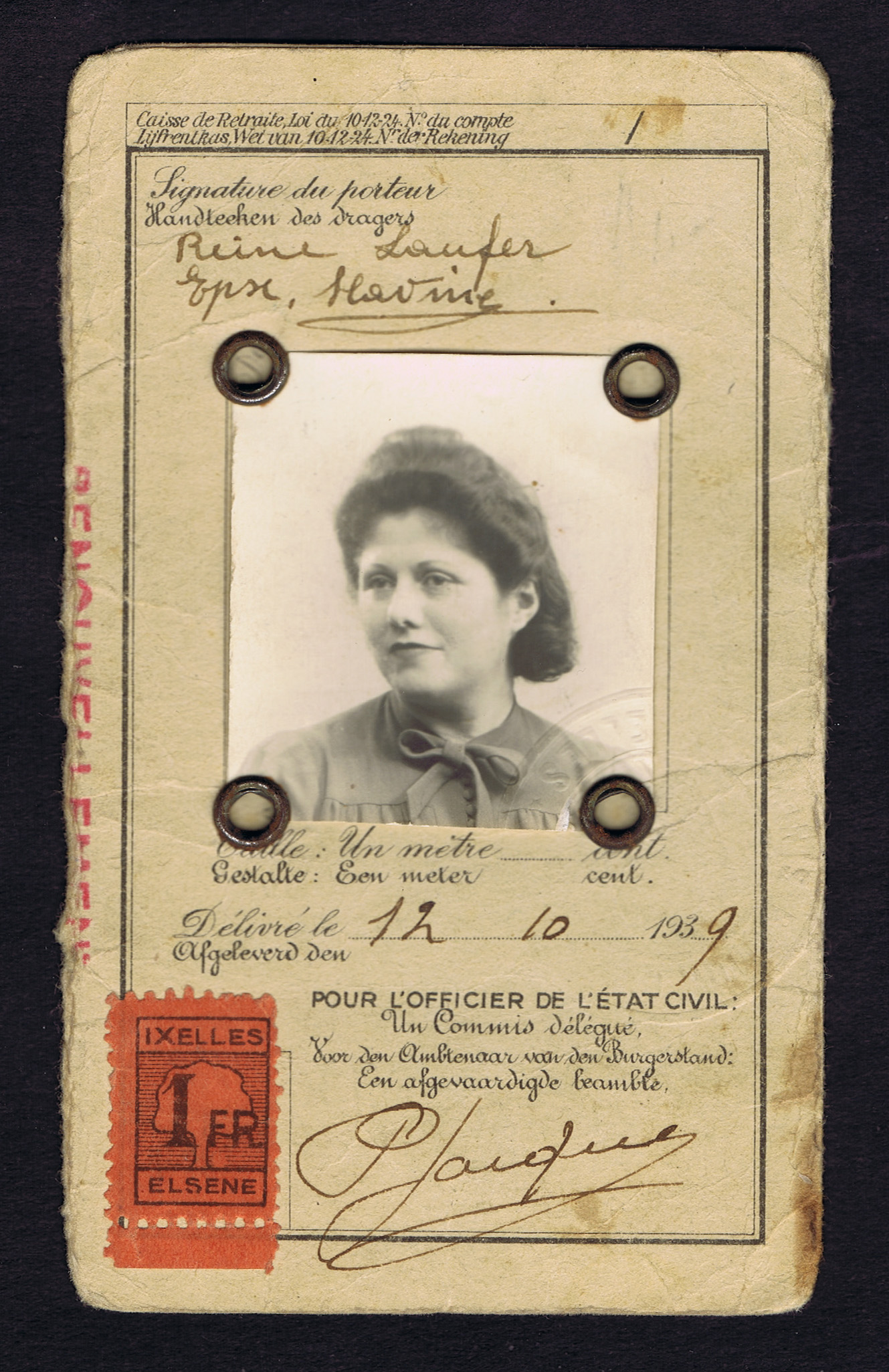 WWII BANK of FRANCE IDENTITY CARD (1939-1940 LAUFER) with PHOTOGRAPH & 1 FRANC REVENUE STAMP