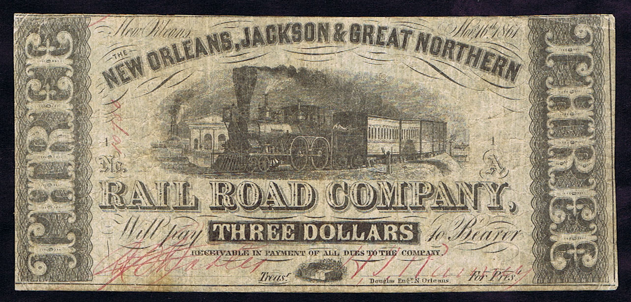 NEW ORLEANS, JACKSON & GREAT NORTHERN RAIL ROAD COMPANY $3 of NOV 16th, 1861