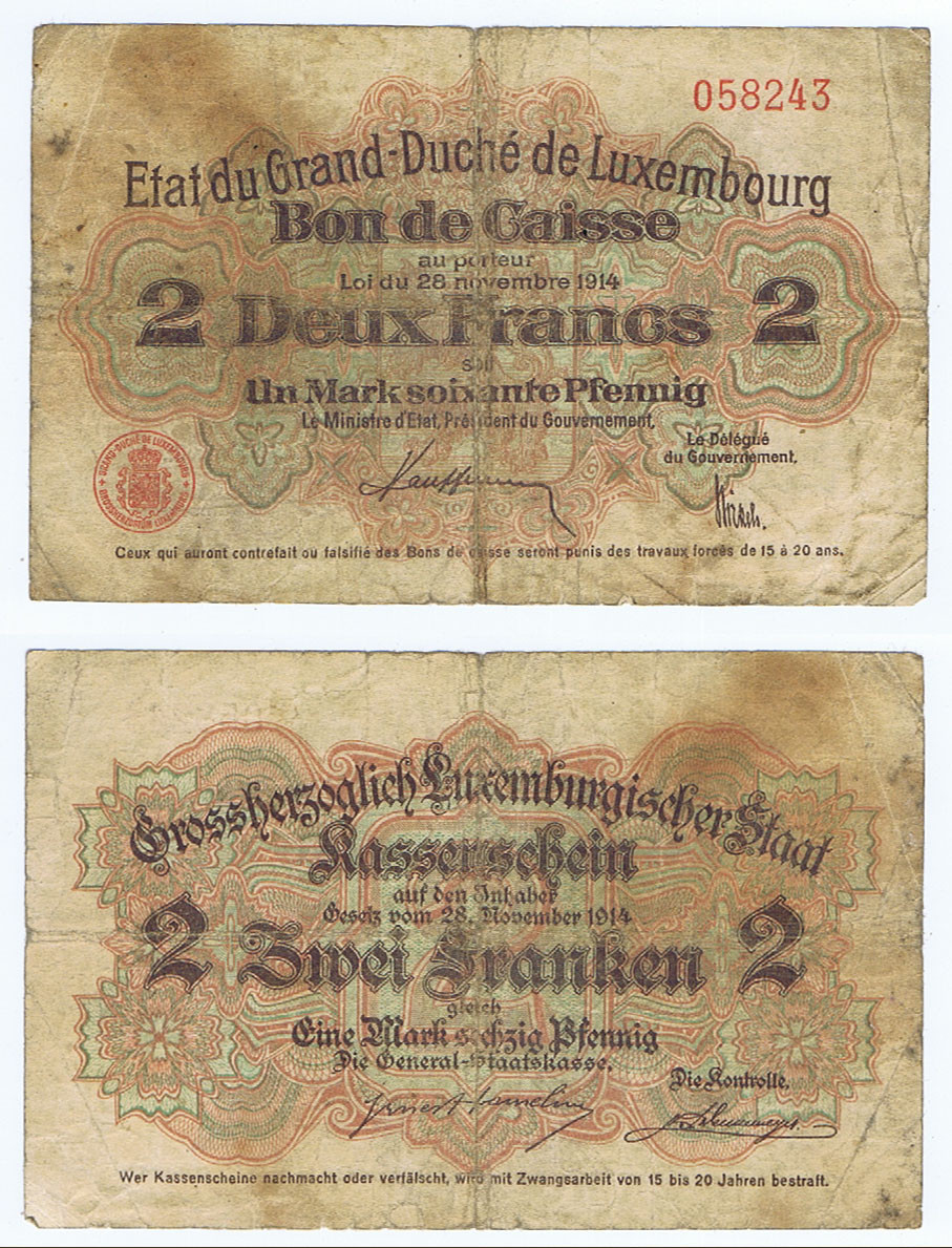 LUXEMBOURG WWI 1914 KASSENSCHEINE ISSUE TWO (2) FRANKEN (EQUIVALENT of 1 MARK 60 PFENNIG)