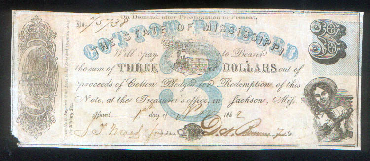 CIVIL WAR $3 MISSISSIPPI COTTON PLEDGE of 1862 with SAILOR, LOCOMOTIVE, DOG & SHIPS VIGNETTES