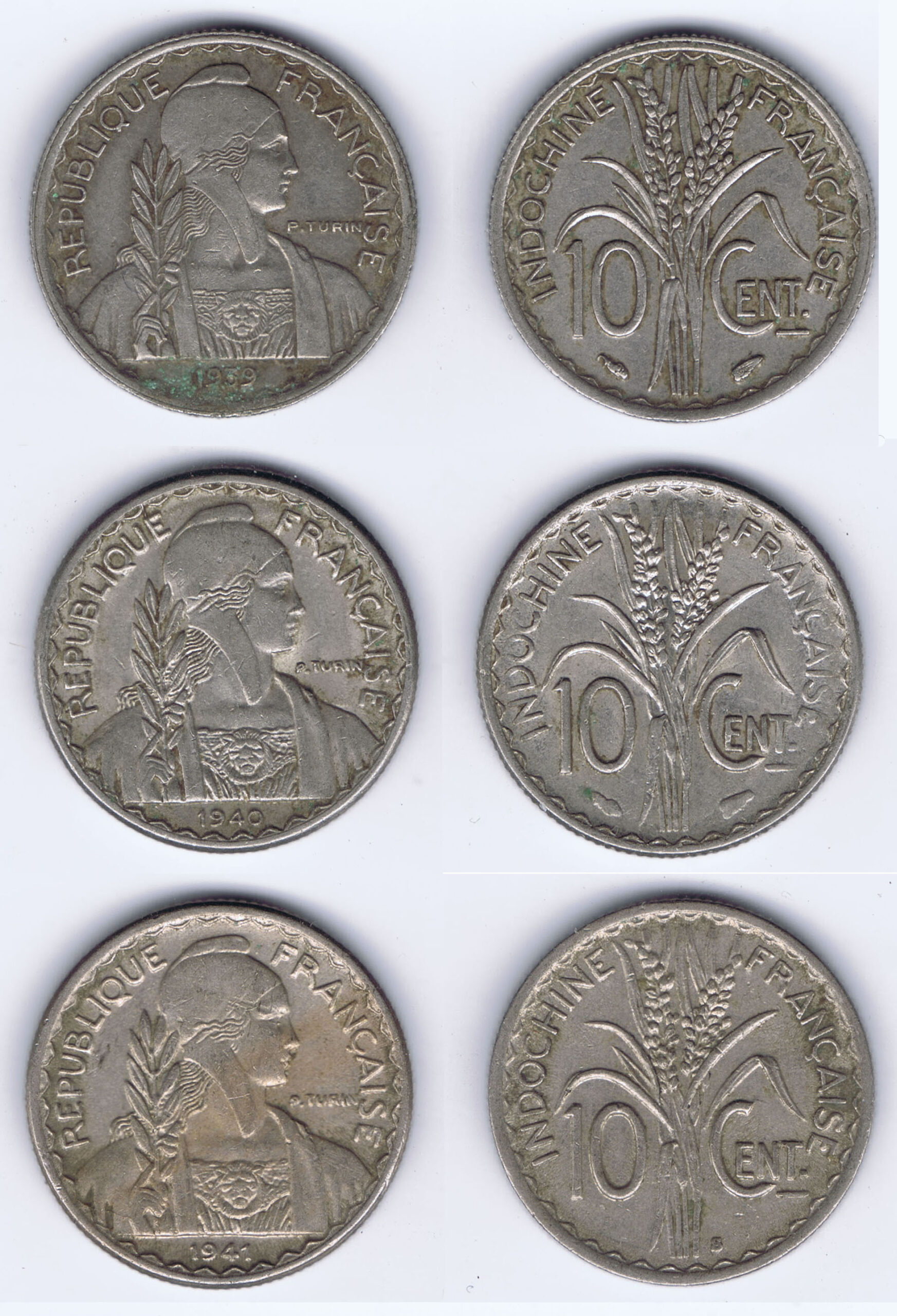 FRENCH INDO CHINA COINS of WORLD WAR II MADE UNDER 3 REGIMES (1939, 1940 & 1941)