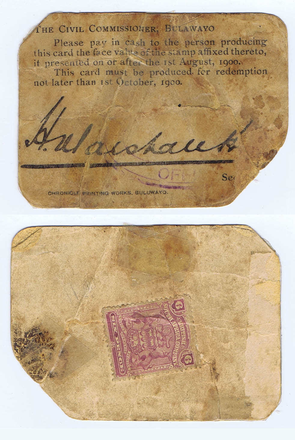 BULAWAYO (RHODESIA / ZIMBABWE) MARSHALL HOLE EMERGENCY 6 PENCE CURRENCY BOER WAR 1900 in CIRCULATION for ONLY 2 MONTHS