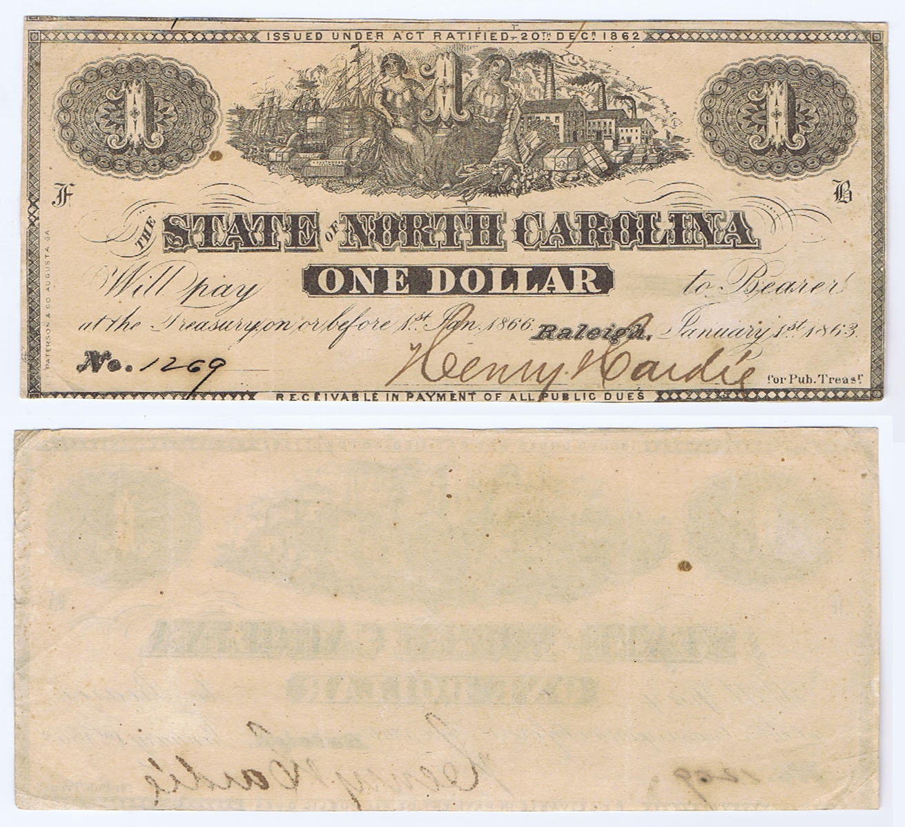 STATE of NORTH CAROLINA $1 OF 1862 SHOWING PROSPERITY of the SOUTH (FACTORIES, SHIPPING, BALES of COTTON etc.)