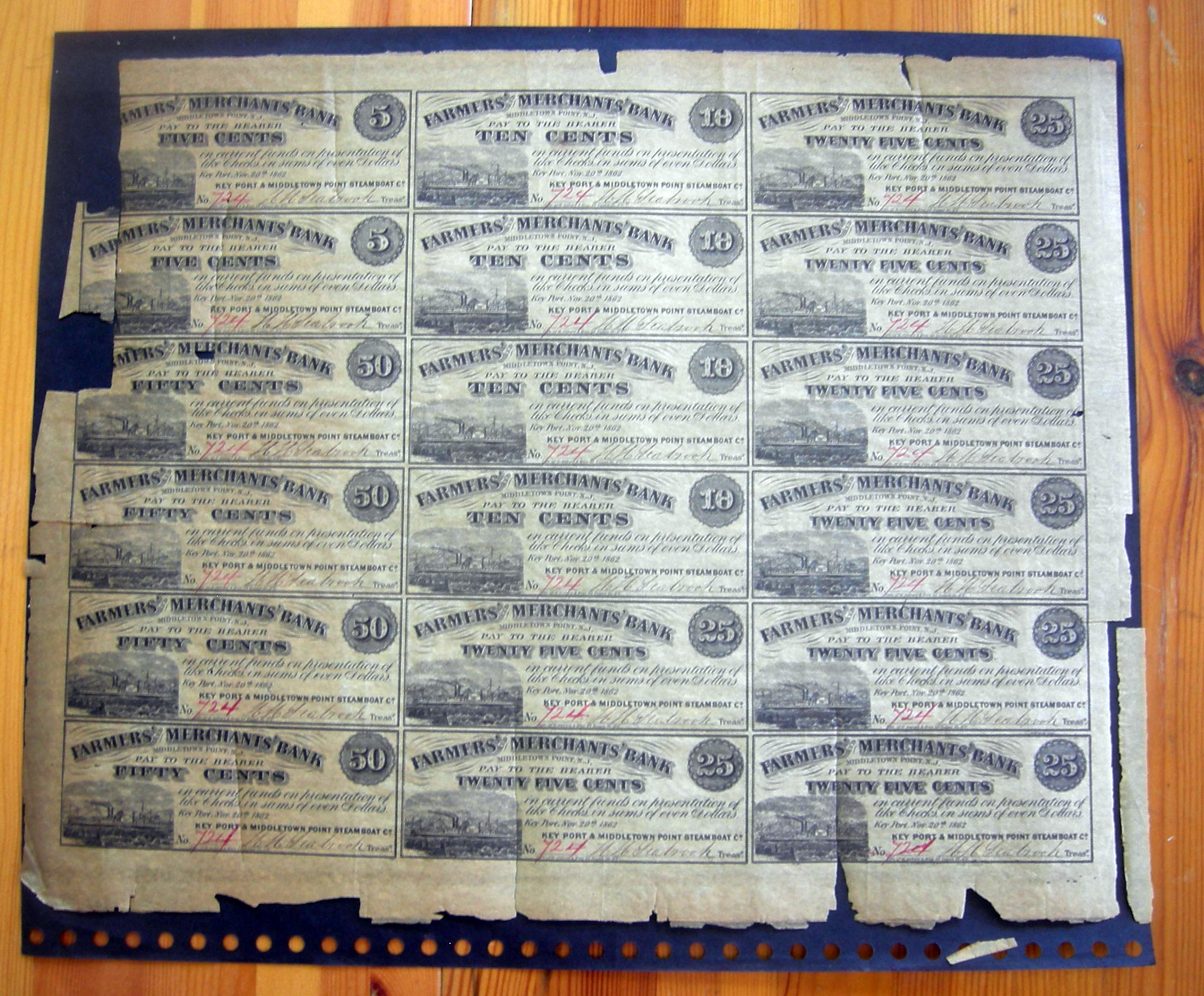 SHEET of FARMERS & MERCHANTS BANK 25¢ KEY PORT & MIDDLETOWN PT STEAMBOAT NJ 1862