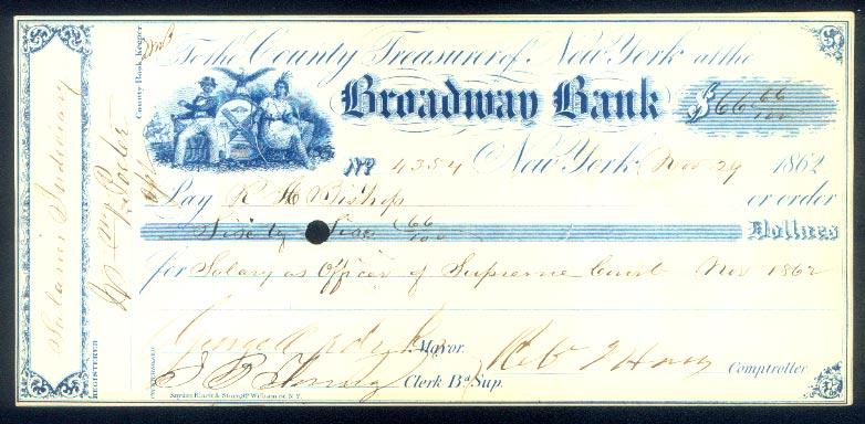 NEW YORK CITY CIVIL WAR MAYOR SIGNED CHECK DATED 1862