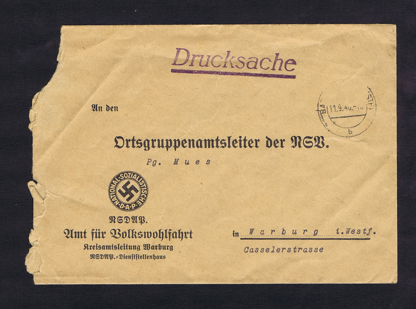 NAZI NATIONAL SOCIALIST ENVELOPE with SWASTIKA - WARBURG LABOR RECRUITMENT