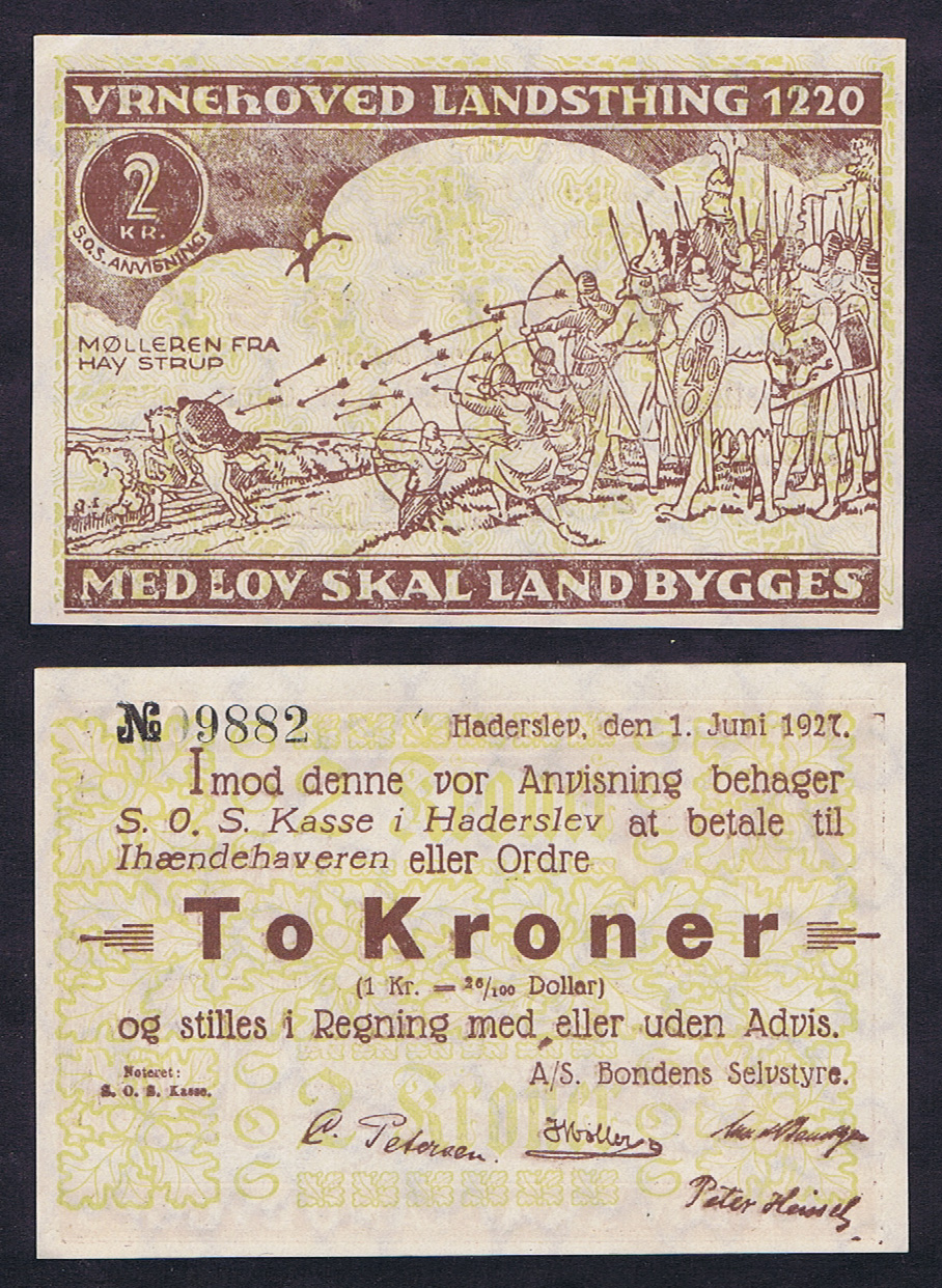 DENMARK (HADERSLEV) FARMER'S EMERGENCY 2 KRONER NOTGELD of 1927