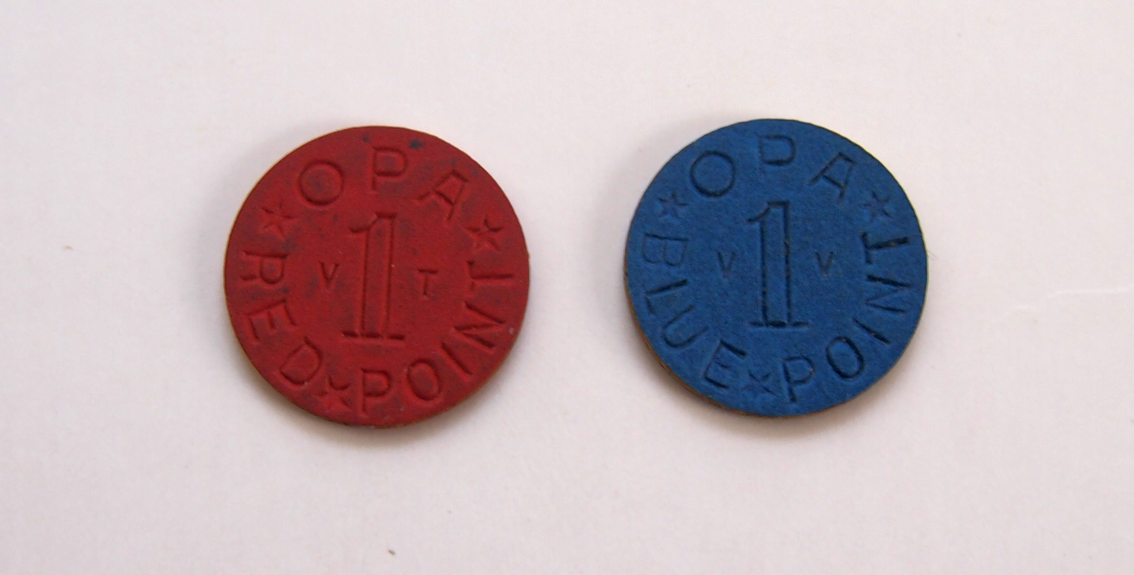 PAIR OF OFFICE OF PRICE ADMINISTRATION RED & BLUE POINT RATION TOKENS