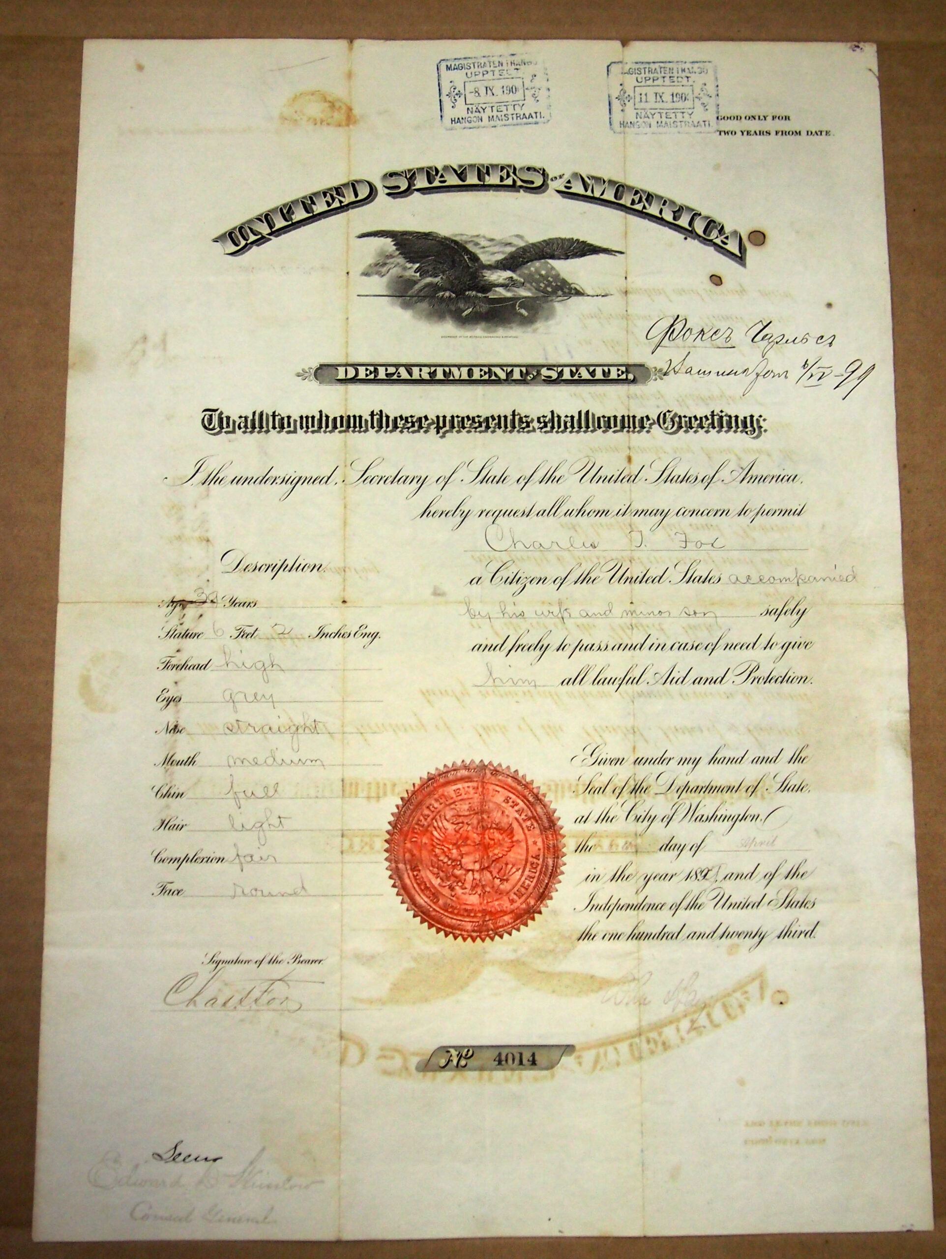 U.S. DEPARTMENT of STATE ISSUED PASSPORT DATED 1899 for TRAVEL to OTTOMAN SMYRNA via RUSSIA