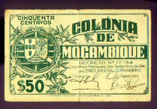 MOZAMBIQUE 50 CENTAVOS 1941 P# 80 EMERGENCY ISSUE SERIES O SERIAL #56374 of WORLD WAR II