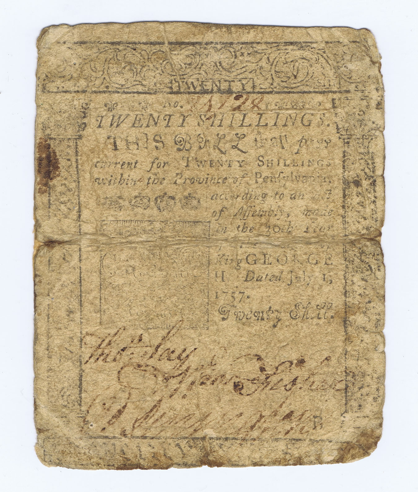 BENJAMIN FRANKLIN PRINTED PENNSYLVANIA 20 SHILLINGS of 1757 with a DOUBLE ERROR
