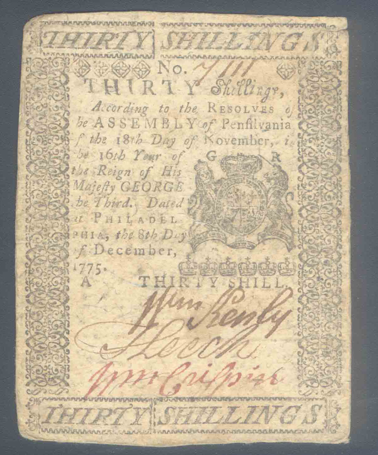 AMERICAN REVOLUTIONARY HEROES SIGNED NOTE - LAST ISSUE of 1775 (NOT APPROVED by the BRITISH) PENNSYLVANIA