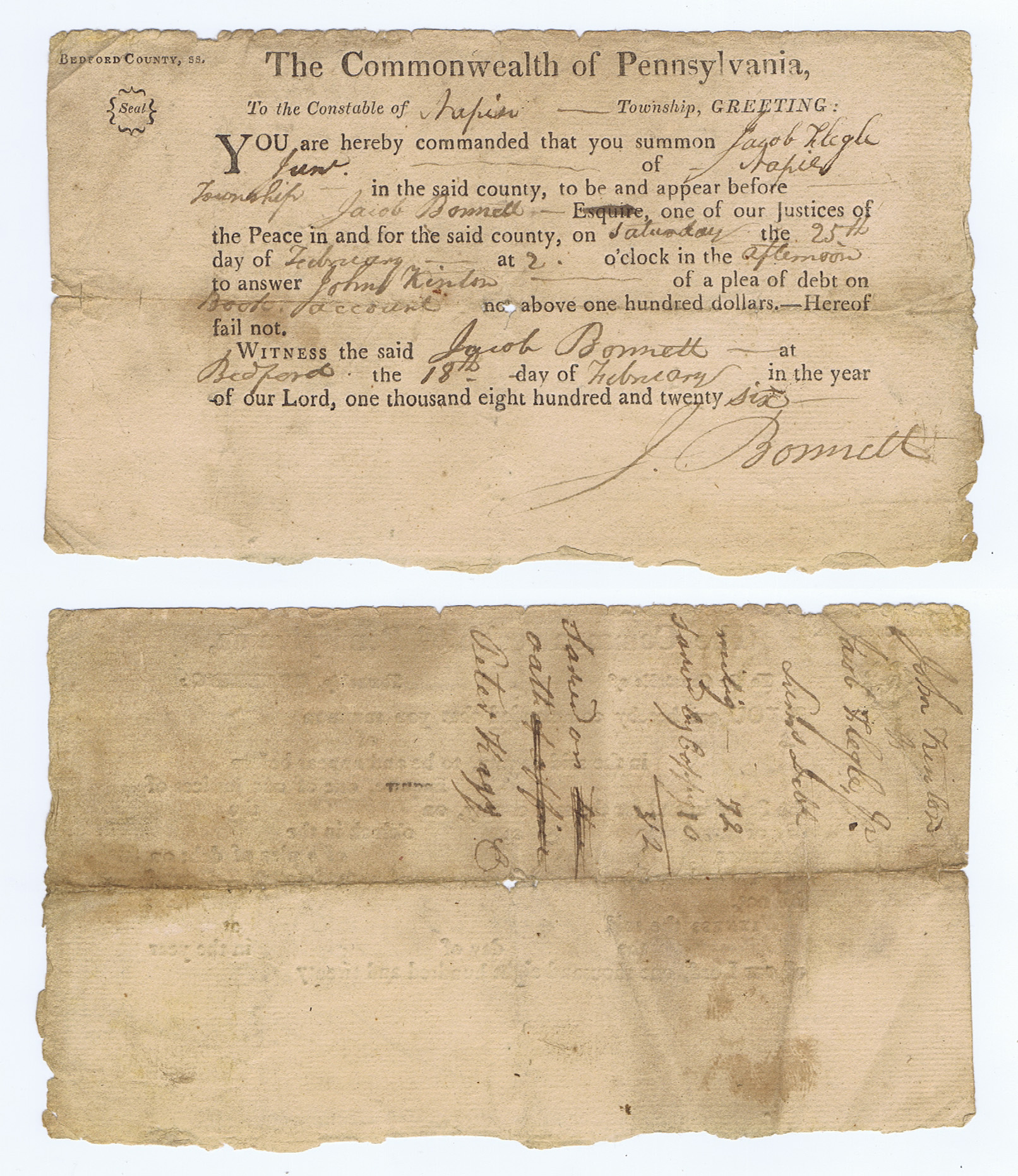 PENNSYLVANIA CONSTABLE NOTICE of 1826 SIGNED by J. BONNETT