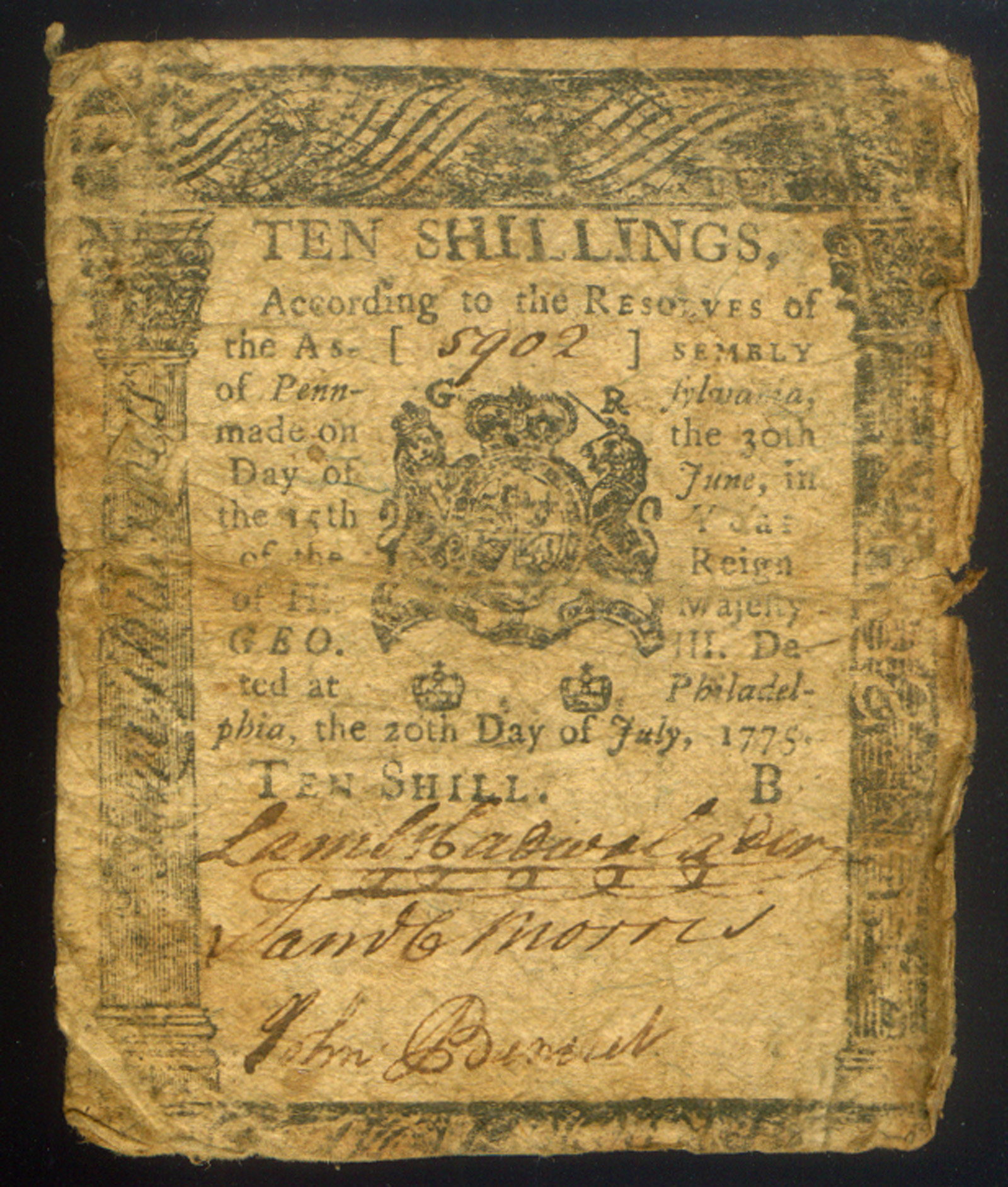 COLONIAL PENNSYLVANIA JULY 1775 TEN (10) SHILLINGS ISSUED in PHILADELPHIA, SIGNED LAMBERT CADWALADER, NOTED SOLDIER & CONGRESSMAN